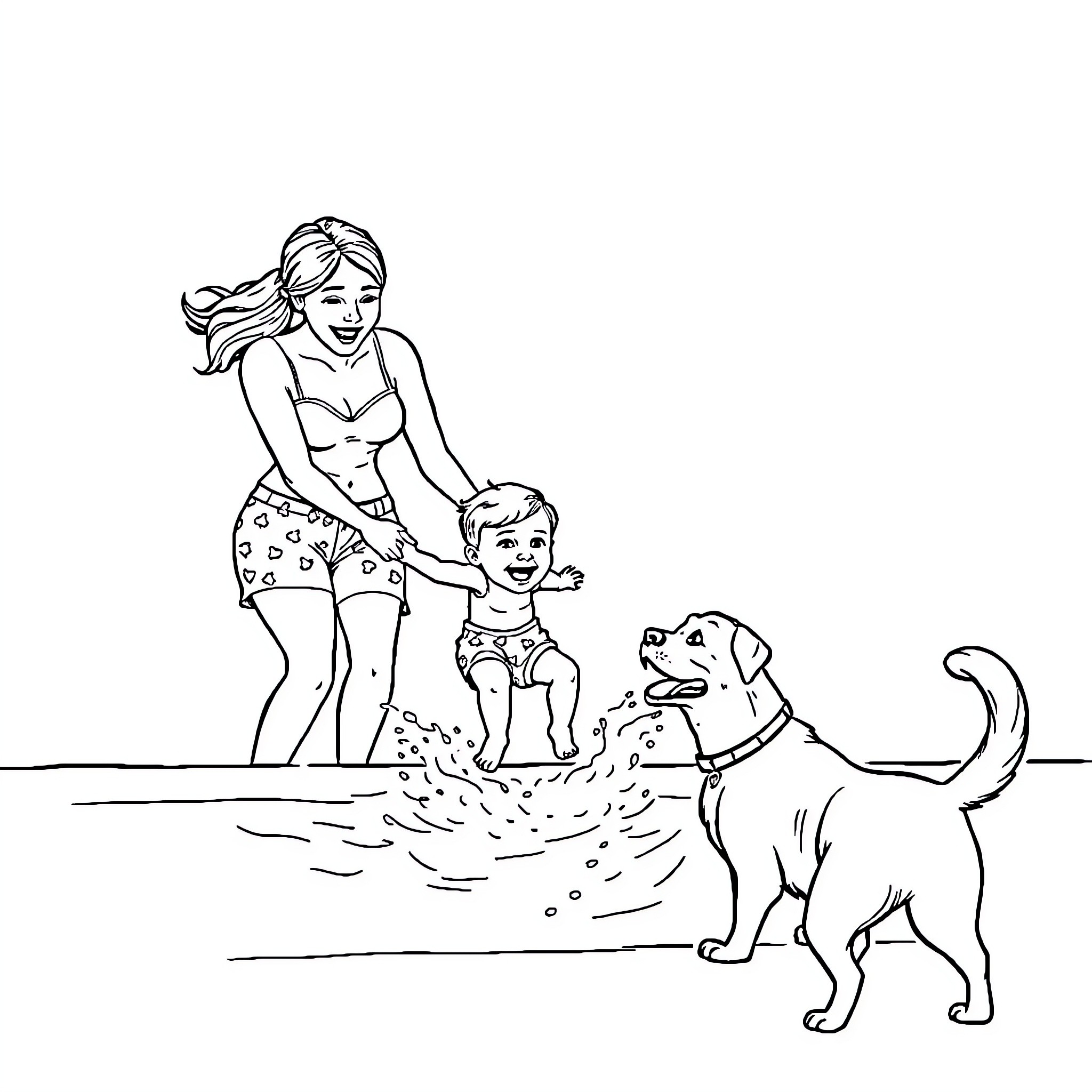Dog and child playing in the water Coloring Page (free black-and-white line drawing printable PDF for all, from beginners to advanced learners, including children, teens, adults, and seniors)
