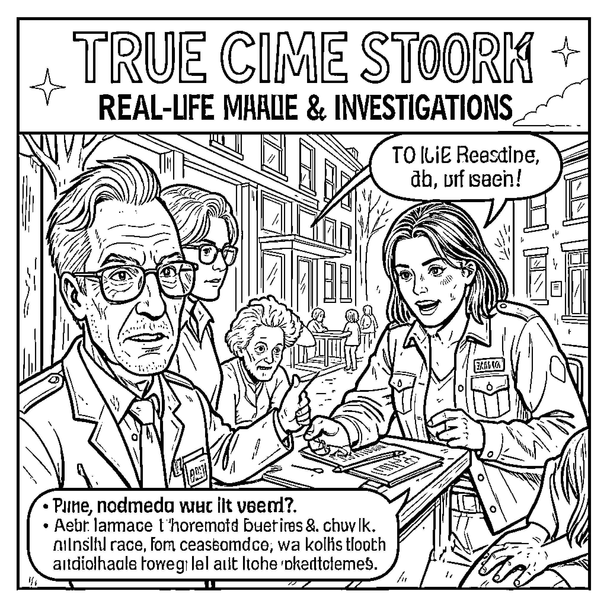 True Crime Stoork: Real-life Marlie & Investigations Coloring Page (free black-and-white line drawing printable PDF for all, from beginners to advanced learners, including children, teens, adults, and seniors)