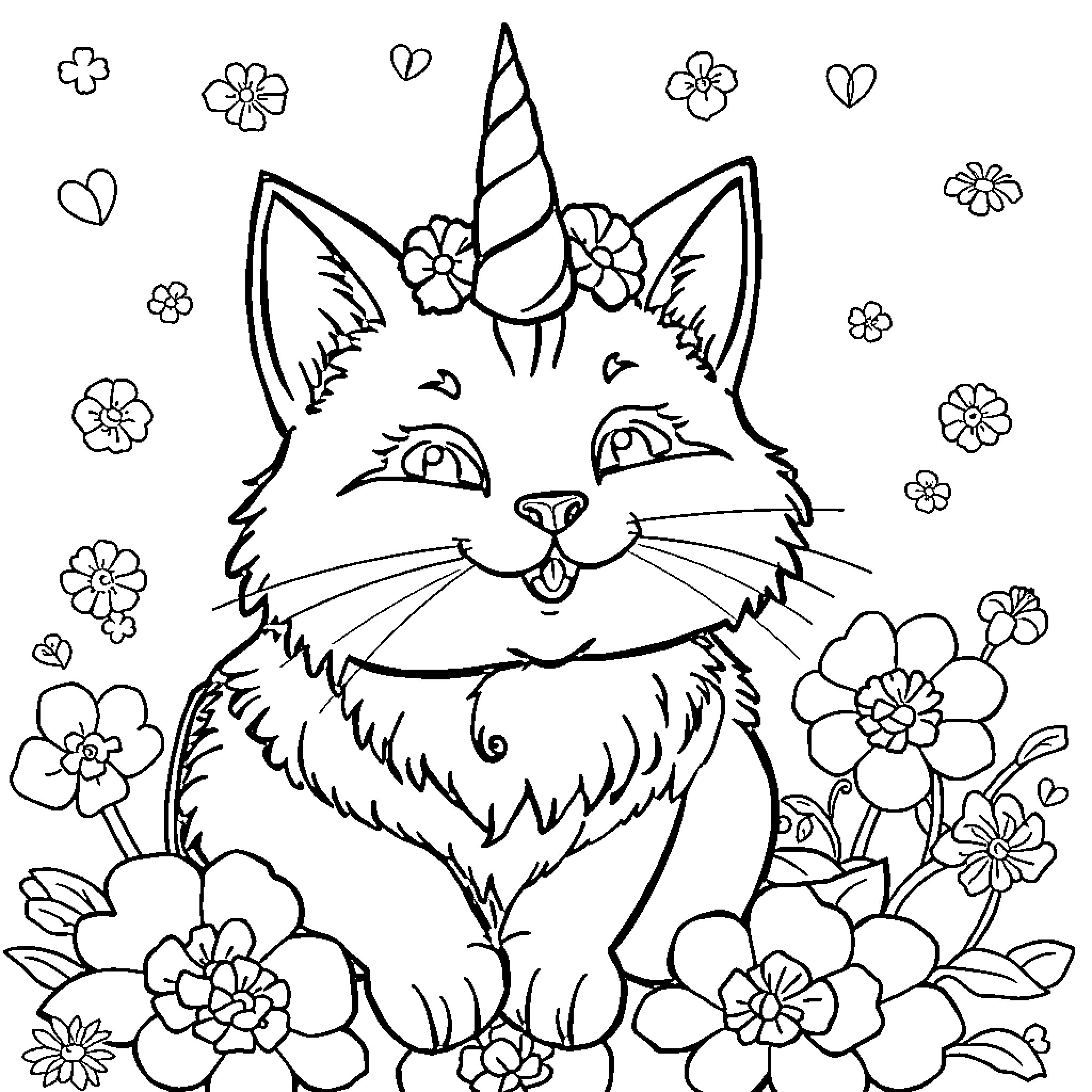 Gabychat's Magical Unicorn Cat in a Floral Wonderland Coloring Page (free black-and-white line drawing printable PDF for all, from beginners to advanced learners, including children, teens, adults, and seniors)