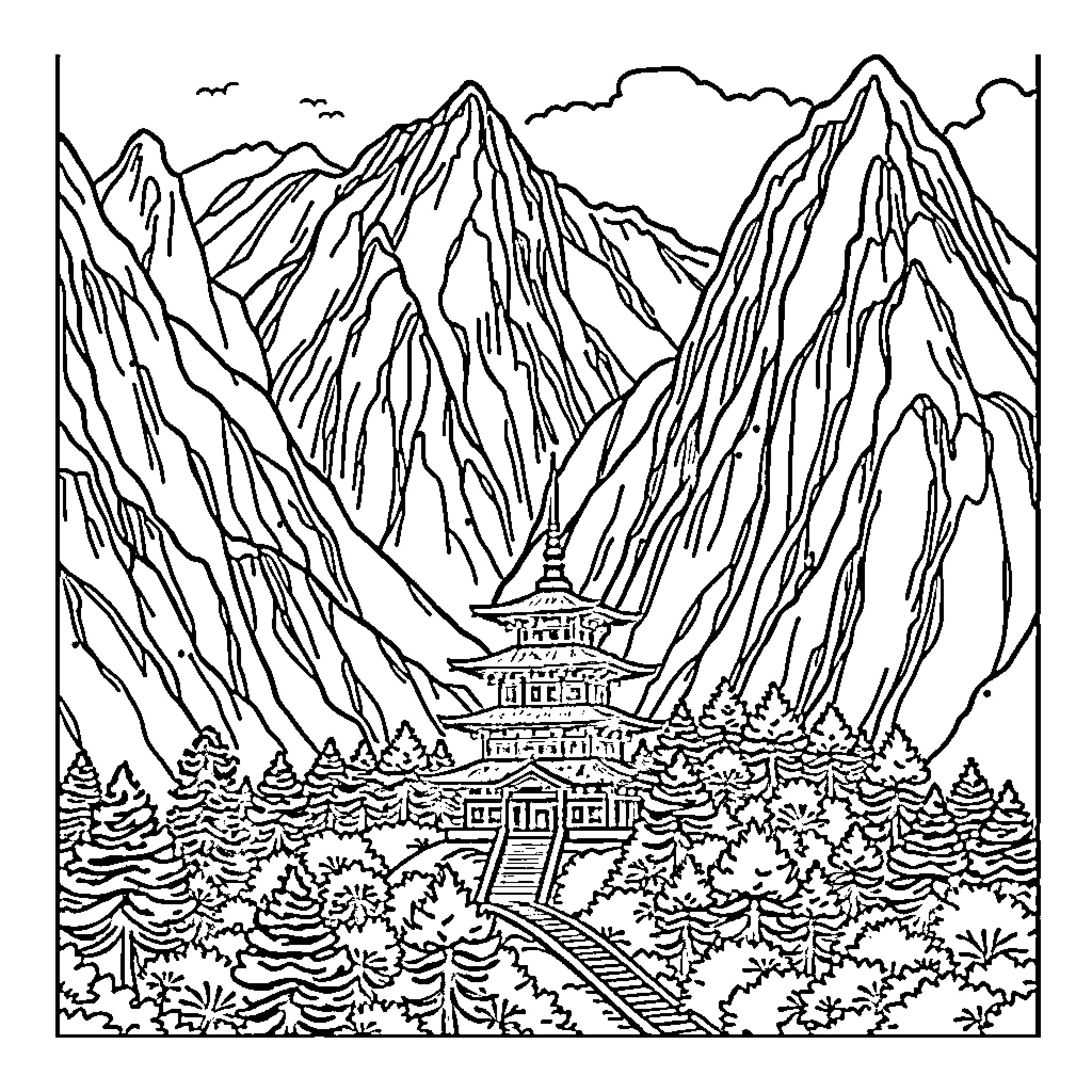 Temple nestled in the majestic mountain landscape Coloring Page (free black-and-white line drawing printable PDF for all, from beginners to advanced learners, including children, teens, adults, and seniors)
