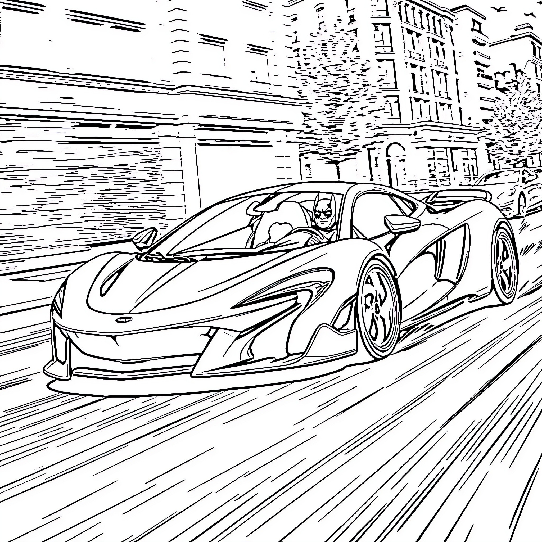 McLaren supercar speeding through the city Coloring Page (free black-and-white line drawing printable PDF for all, from beginners to advanced learners, including children, teens, adults, and seniors)