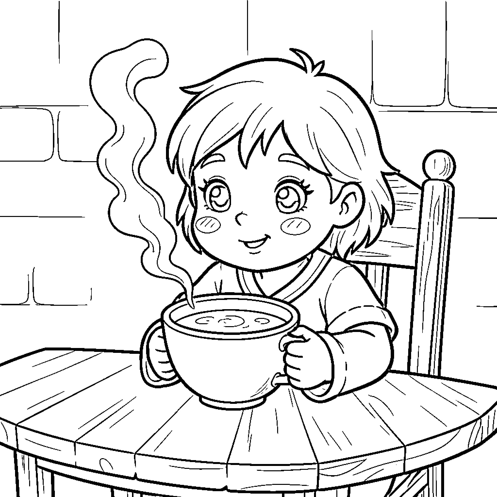 Goldilocks sitting at a table drinking hot porridge Coloring Page (free black-and-white line drawing printable PDF for all, from beginners to advanced learners, including children, teens, adults, and seniors)