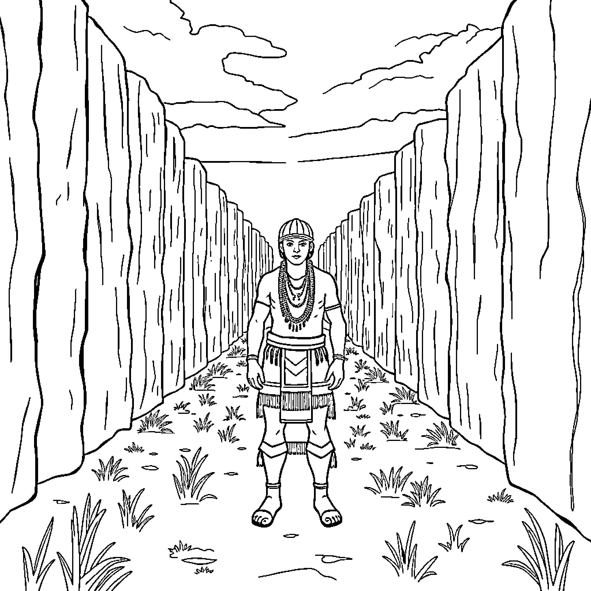 O'odham Man Walking Through a Narrow Gorge Coloring Page (free black-and-white line drawing printable PDF for all, from beginners to advanced learners, including children, teens, adults, and seniors)