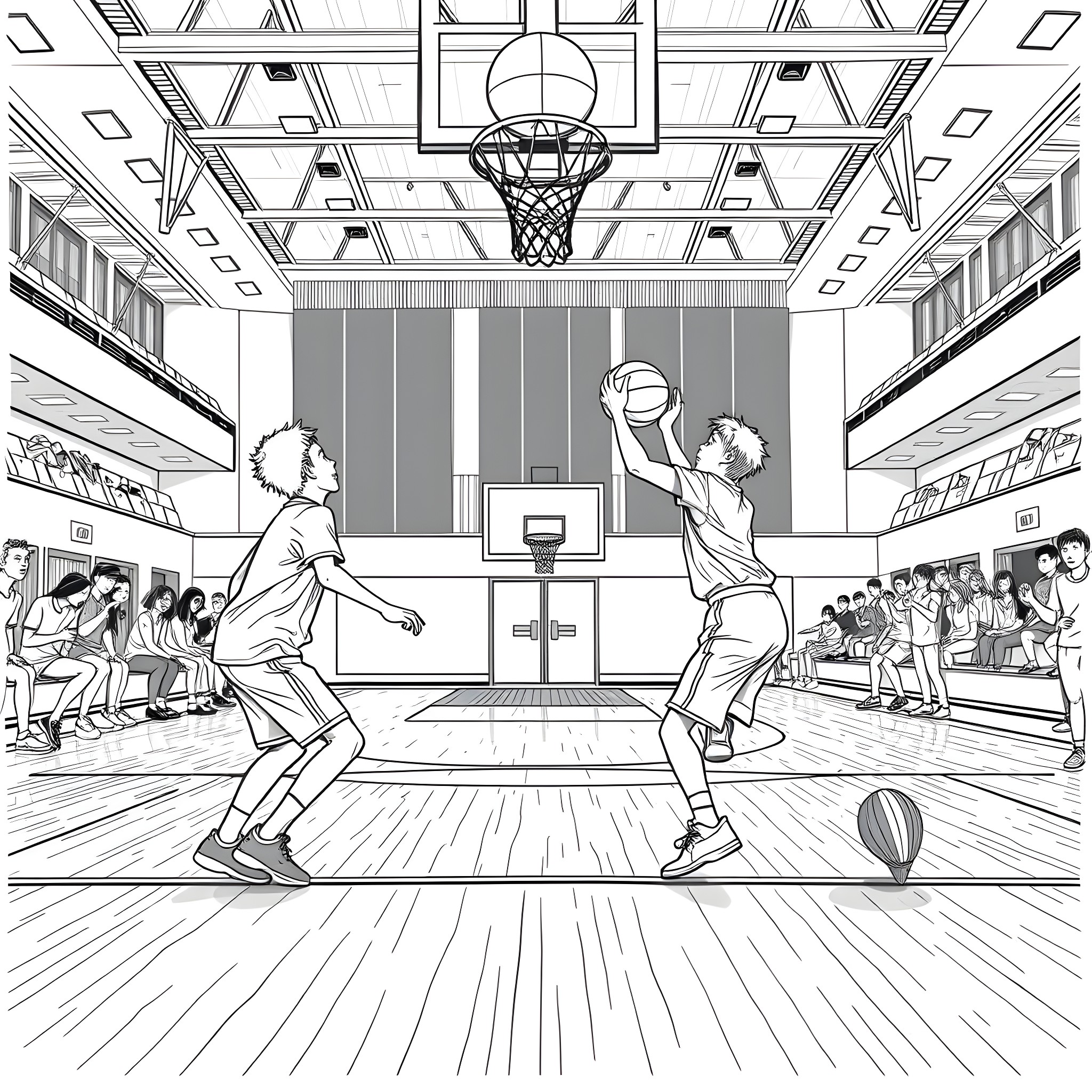 Teen Guys Playing Basketball in Gymnasium Coloring Page (free black-and-white line drawing printable PDF for all, from beginners to advanced learners, including children, teens, adults, and seniors)