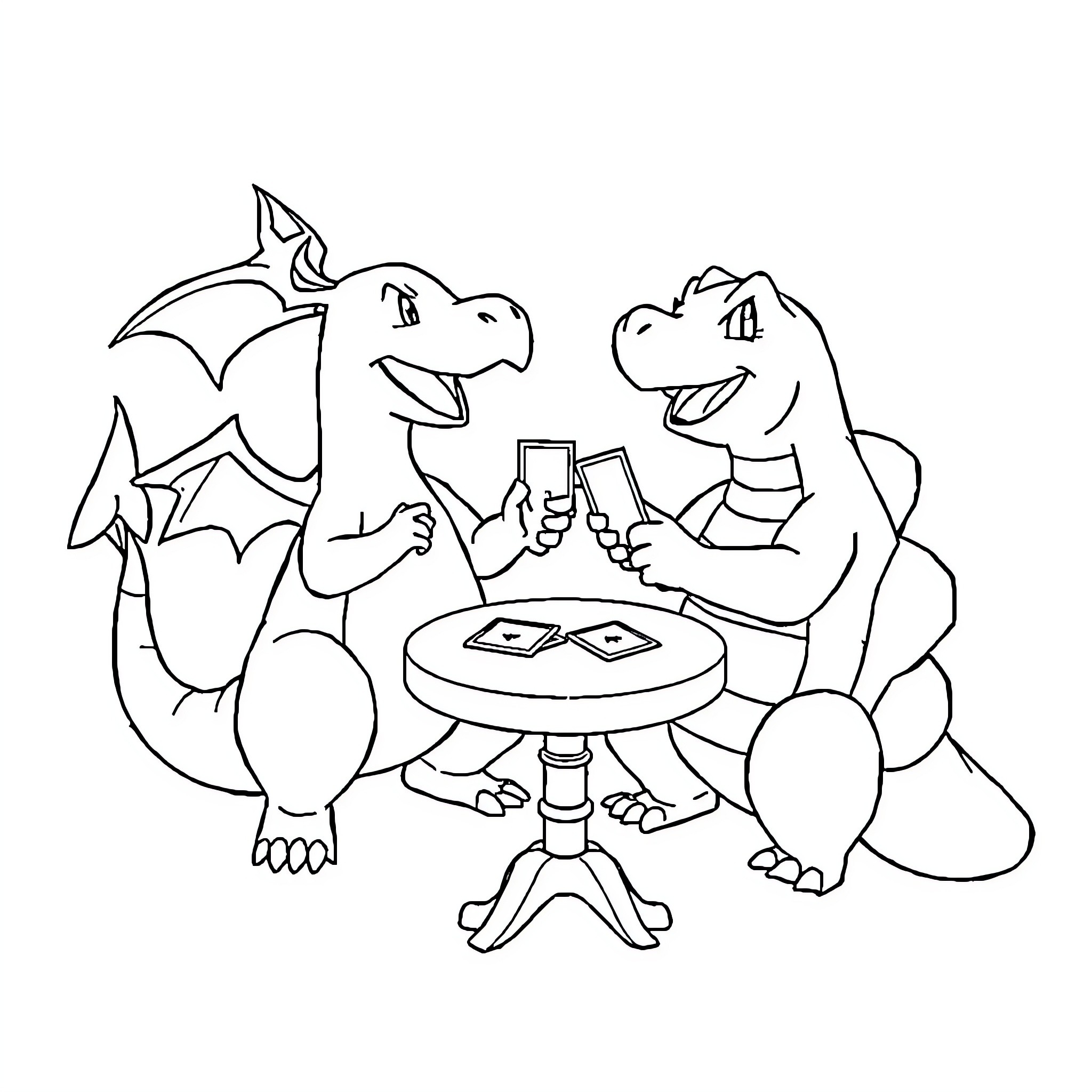 Charizard friends playing card game together Coloring Page (free black-and-white line drawing printable PDF for all, from beginners to advanced learners, including children, teens, adults, and seniors)