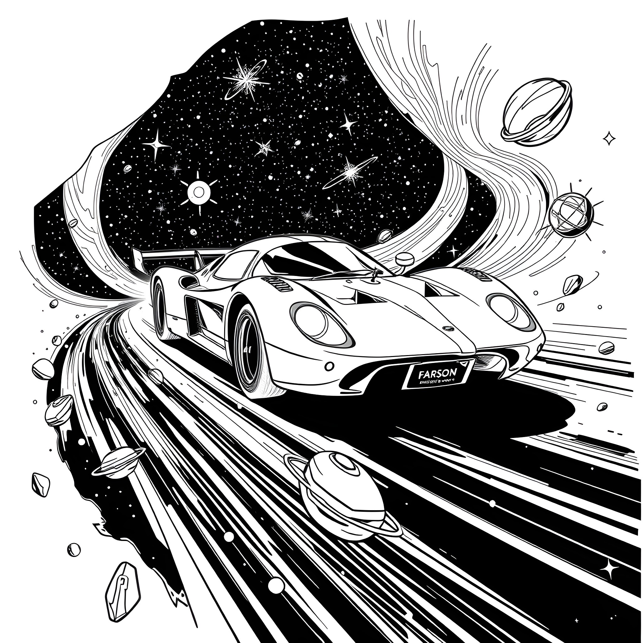 Racecar speeding through cosmic landscape Coloring Page (free black-and-white line drawing printable PDF for all, from beginners to advanced learners, including children, teens, adults, and seniors)