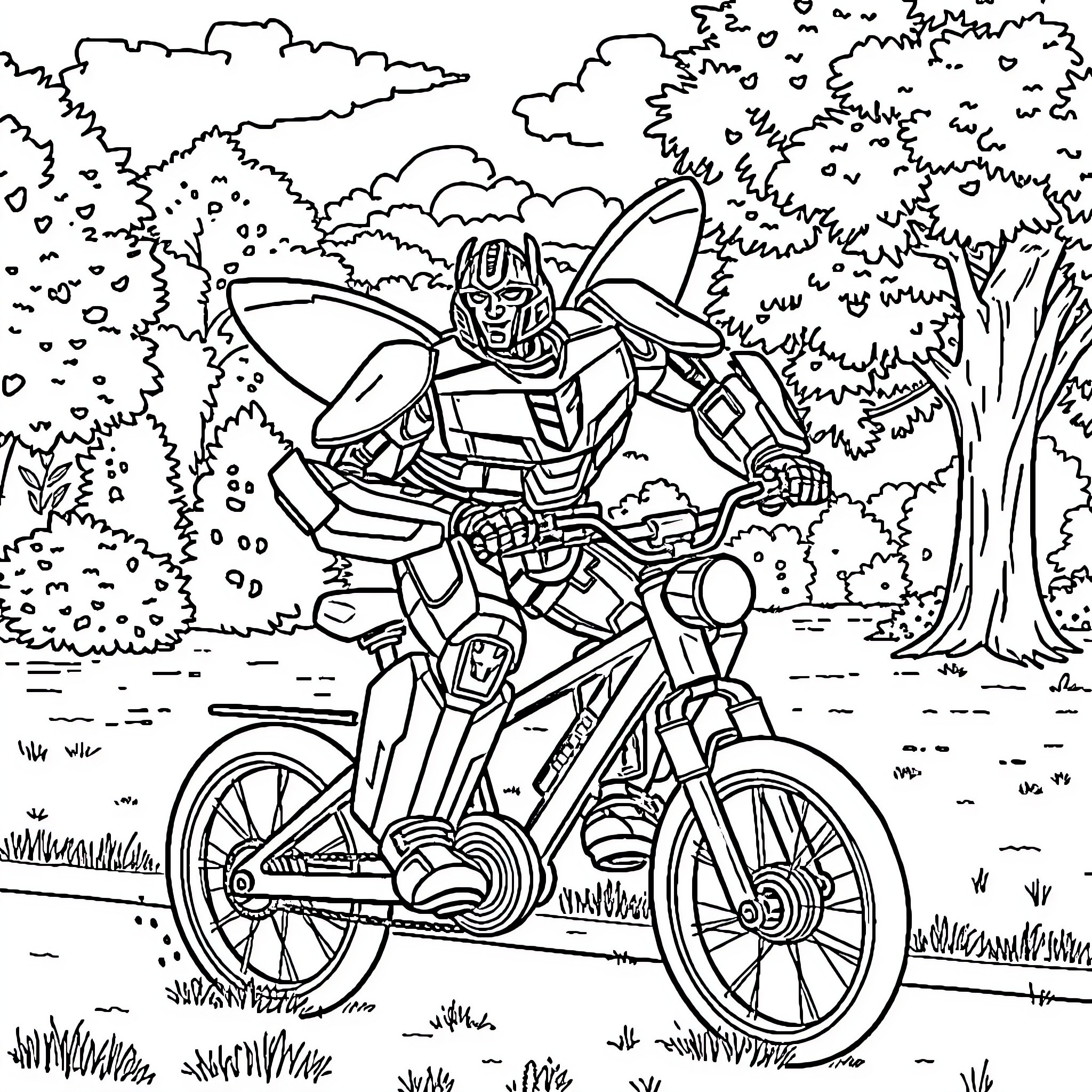 Bumblebee riding motorcycle through nature Coloring Page (free black-and-white line drawing printable PDF for all, from beginners to advanced learners, including children, teens, adults, and seniors)