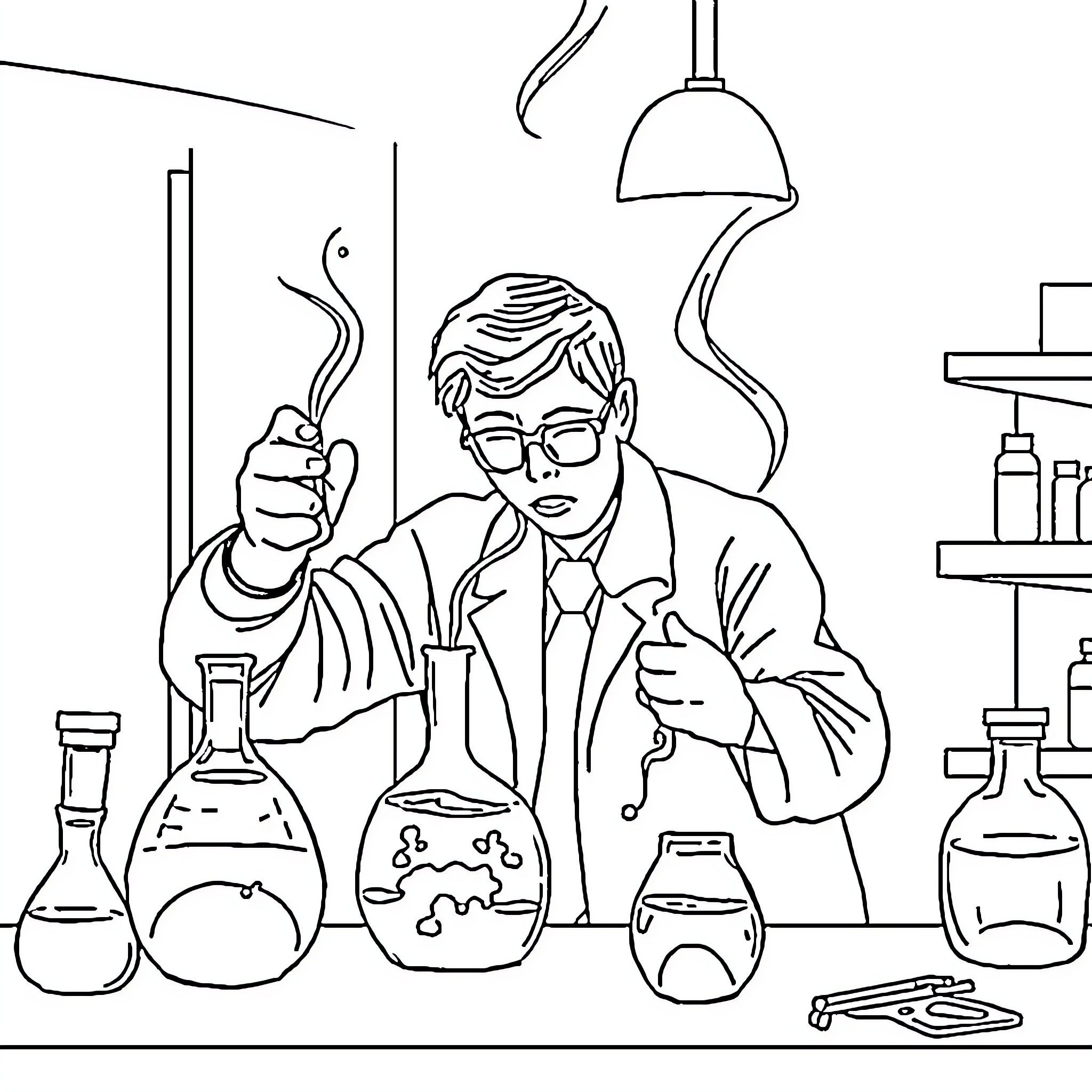 Science experiment with laboratory equipment Coloring Page (free black-and-white line drawing printable PDF for all, from beginners to advanced learners, including children, teens, adults, and seniors)