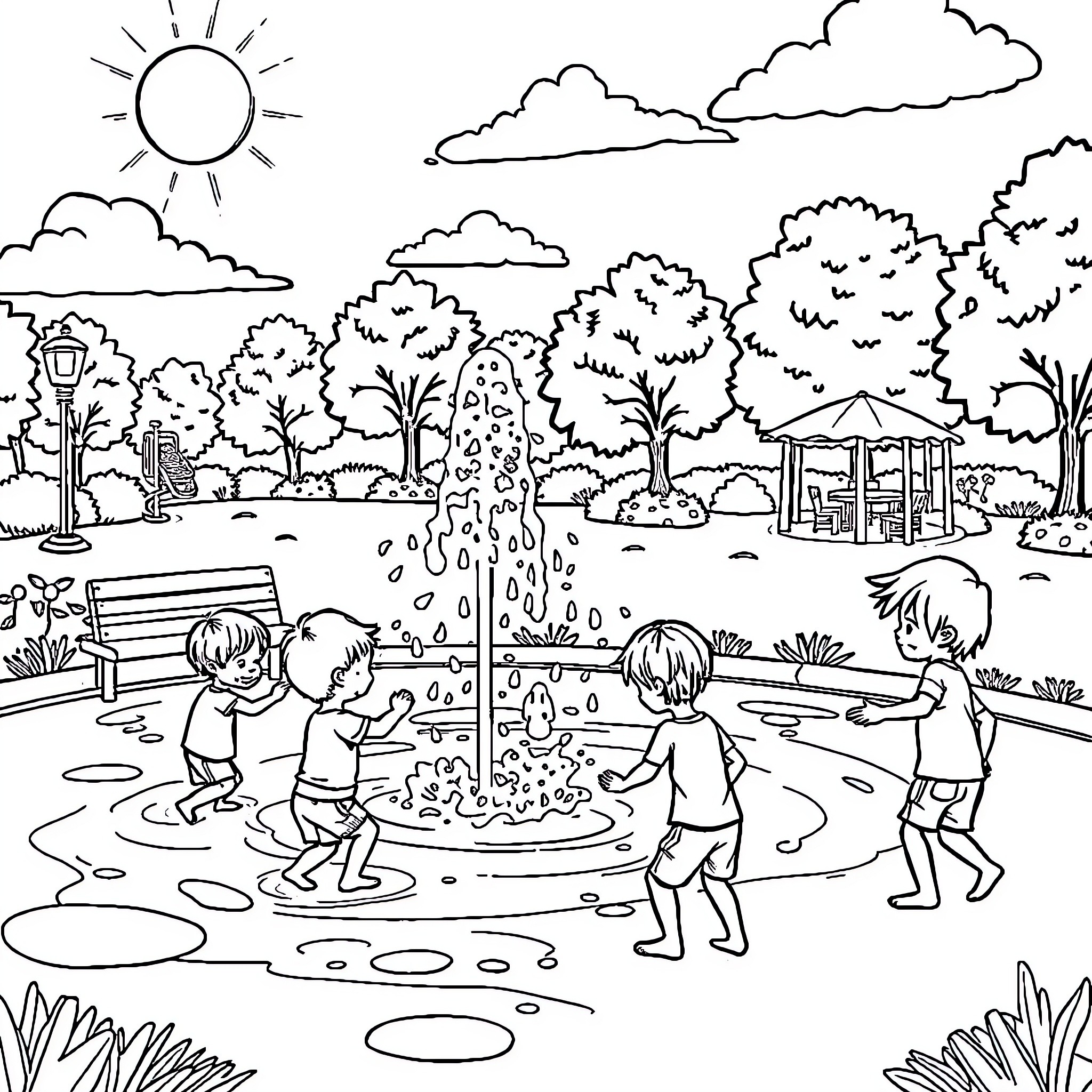 Summer fun in the park Coloring Page (free black-and-white line drawing printable PDF for all, from beginners to advanced learners, including children, teens, adults, and seniors)