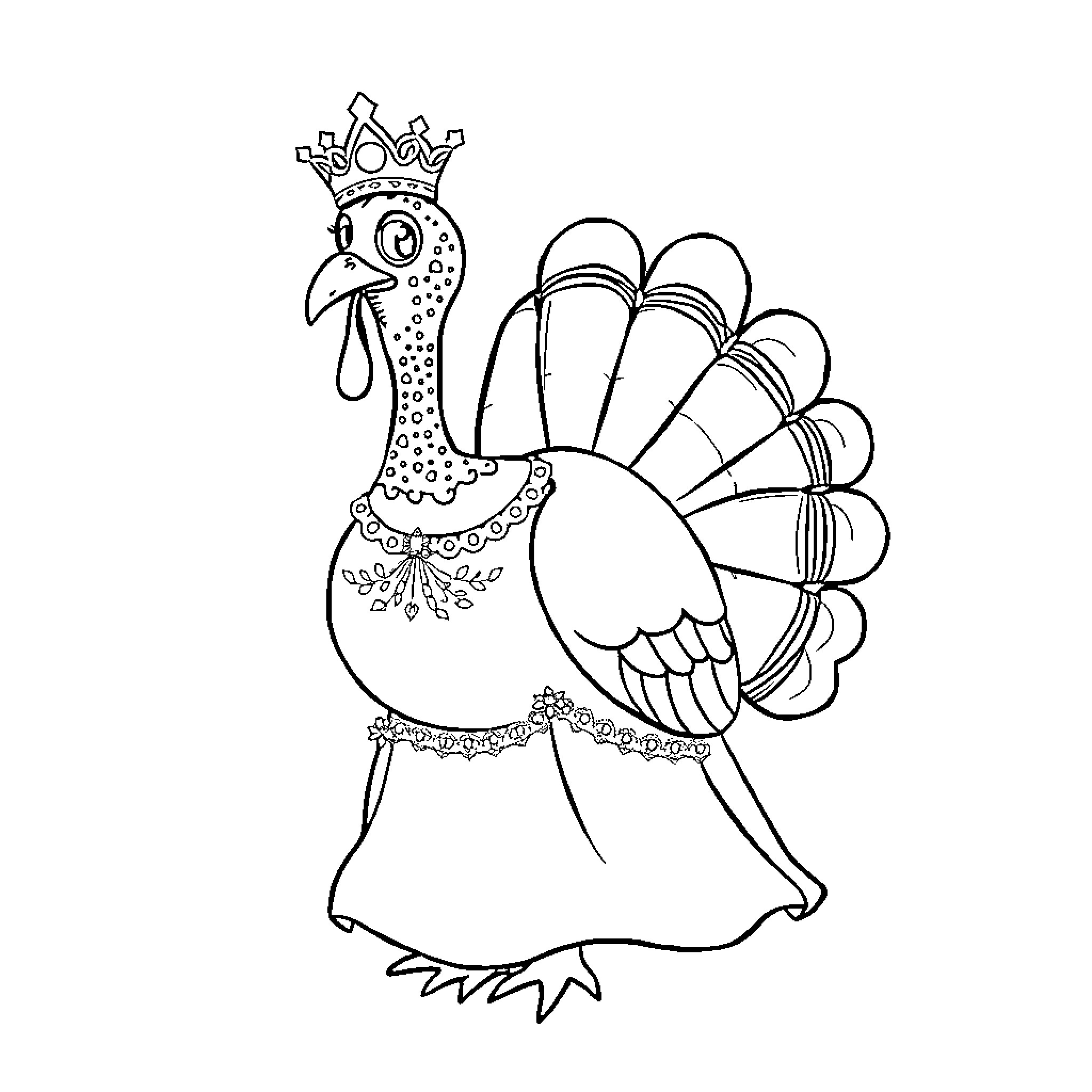 Turkey wearing a crown and fancy outfit Coloring Page (free black-and-white line drawing printable PDF for all, from beginners to advanced learners, including children, teens, adults, and seniors)