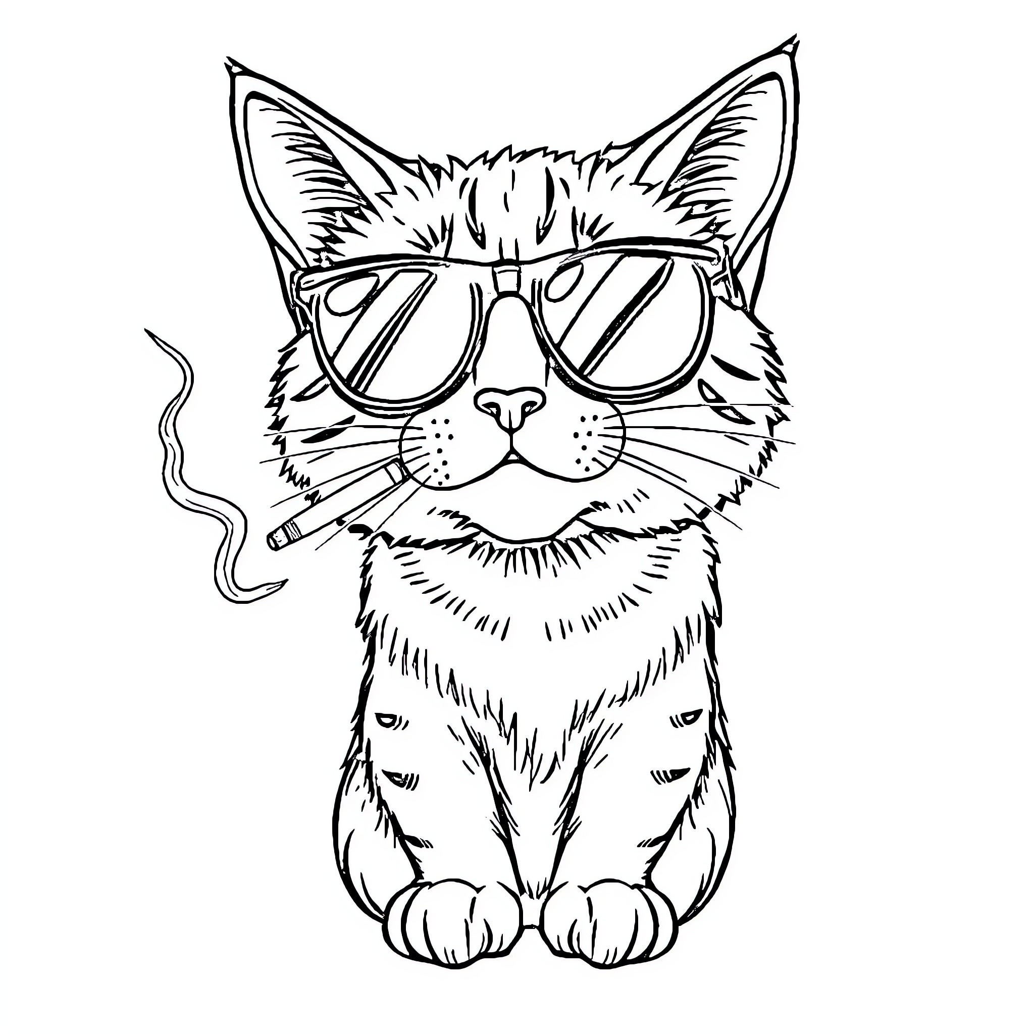 Cat wearing stylish sunglasses Coloring Page (free black-and-white line drawing printable PDF for all, from beginners to advanced learners, including children, teens, adults, and seniors)