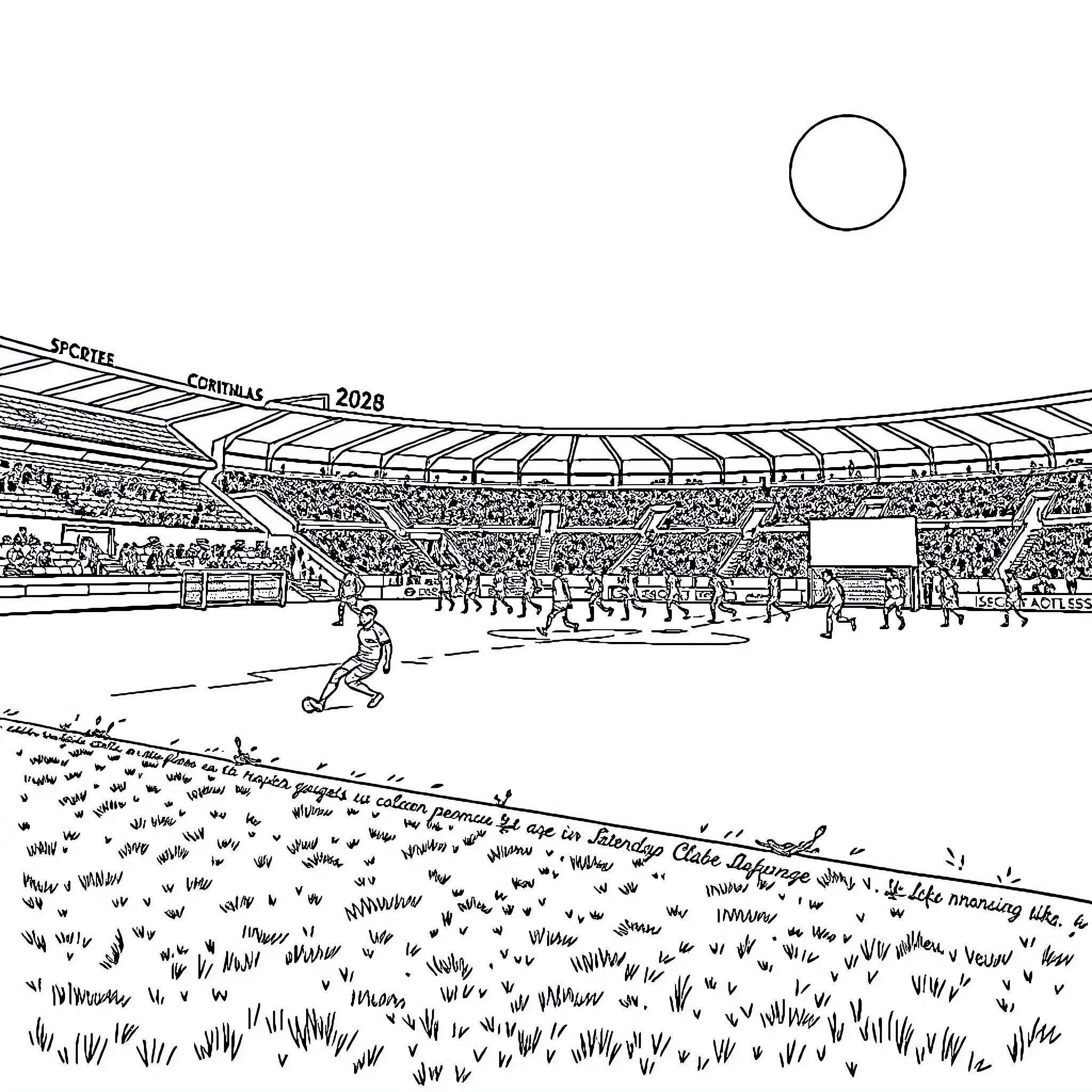 Sport Club Corinthians Paulista stadium scene with players on the field Coloring Page (free black-and-white line drawing printable PDF for all, from beginners to advanced learners, including children, teens, adults, and seniors)