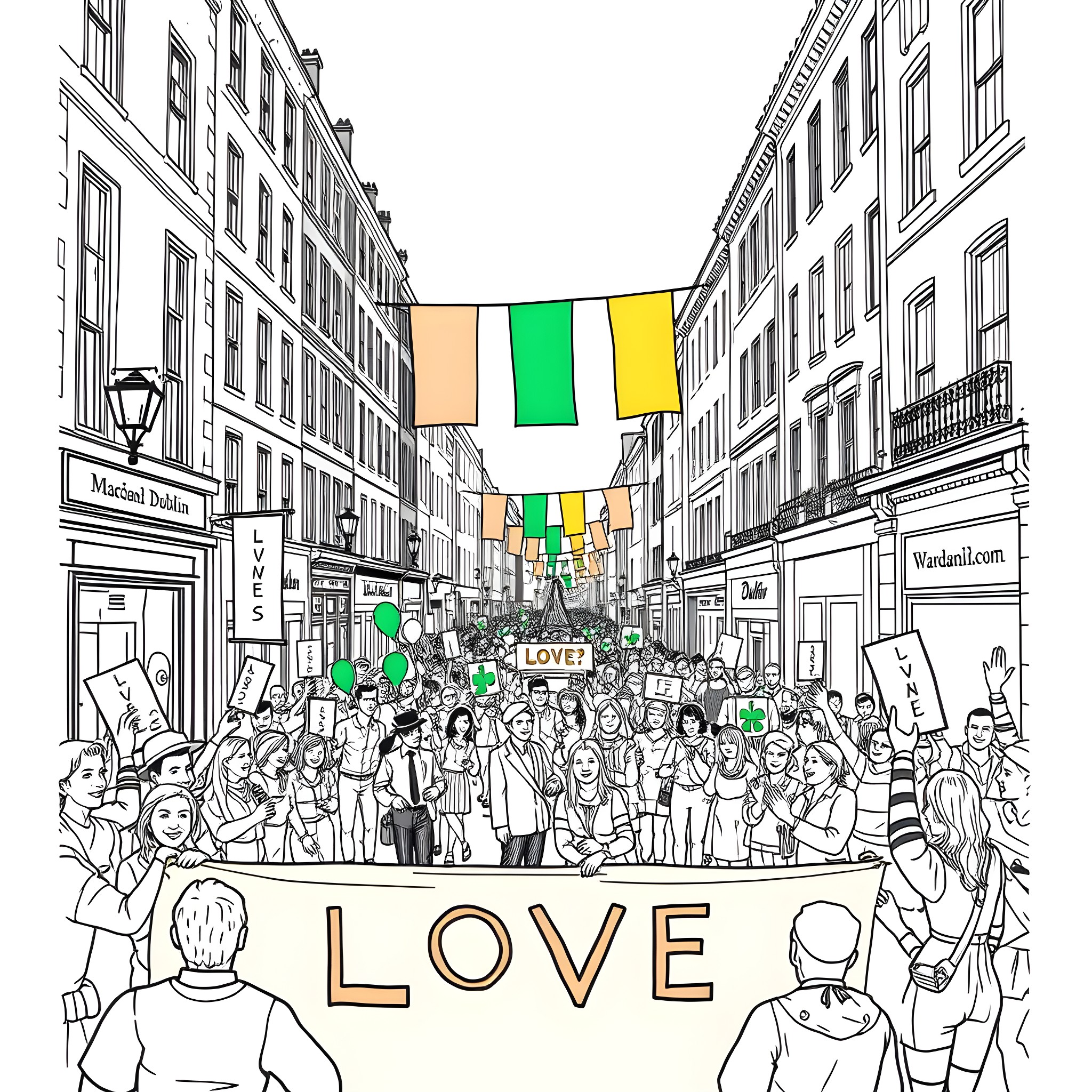 Pride Celebration with Colorful Flags and Joyful Crowd Coloring Page (free black-and-white line drawing printable PDF for all, from beginners to advanced learners, including children, teens, adults, and seniors)