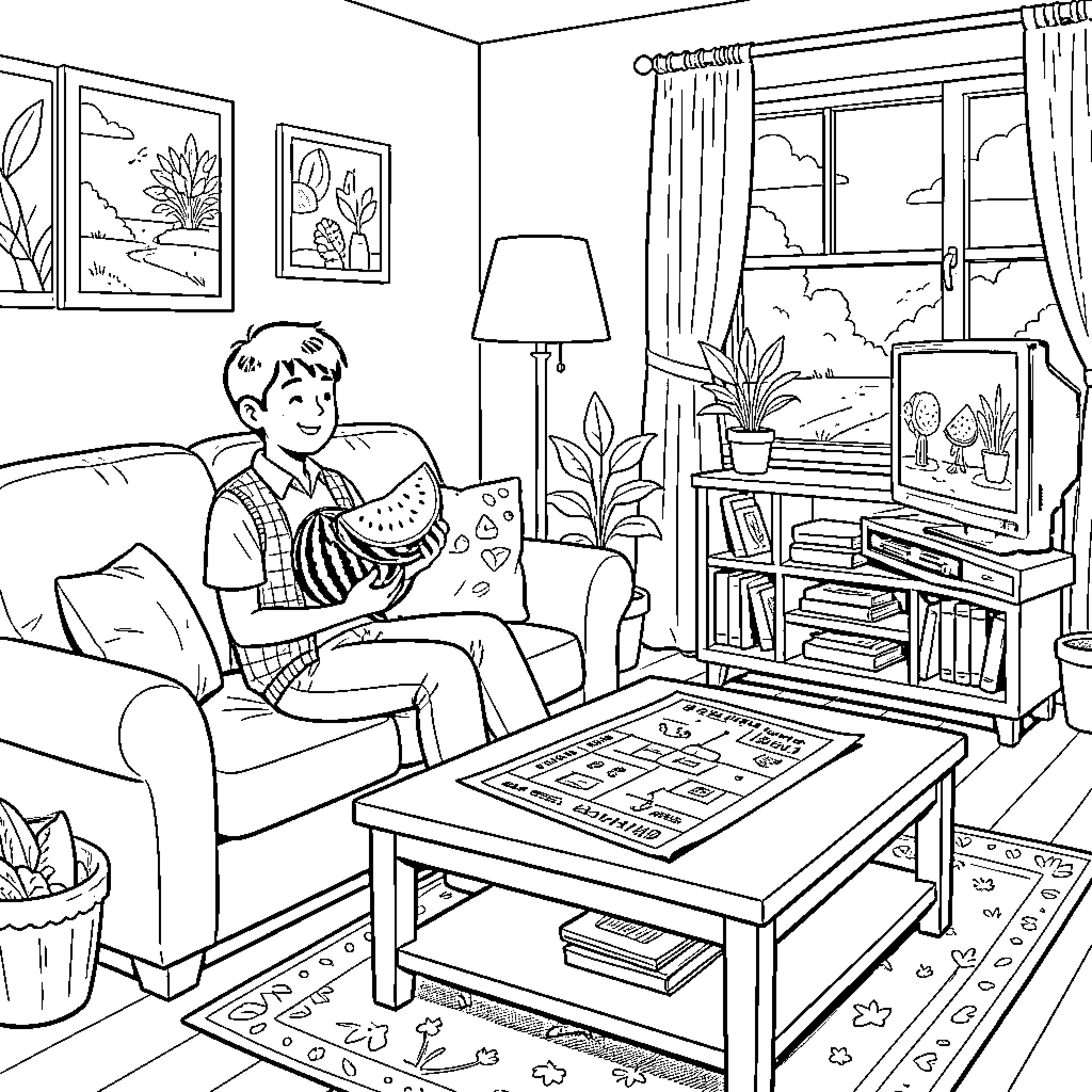 Living Area featuring a boy eating watermelon on a sofa Coloring Page (free black-and-white line drawing printable PDF for all, from beginners to advanced learners, including children, teens, adults, and seniors)