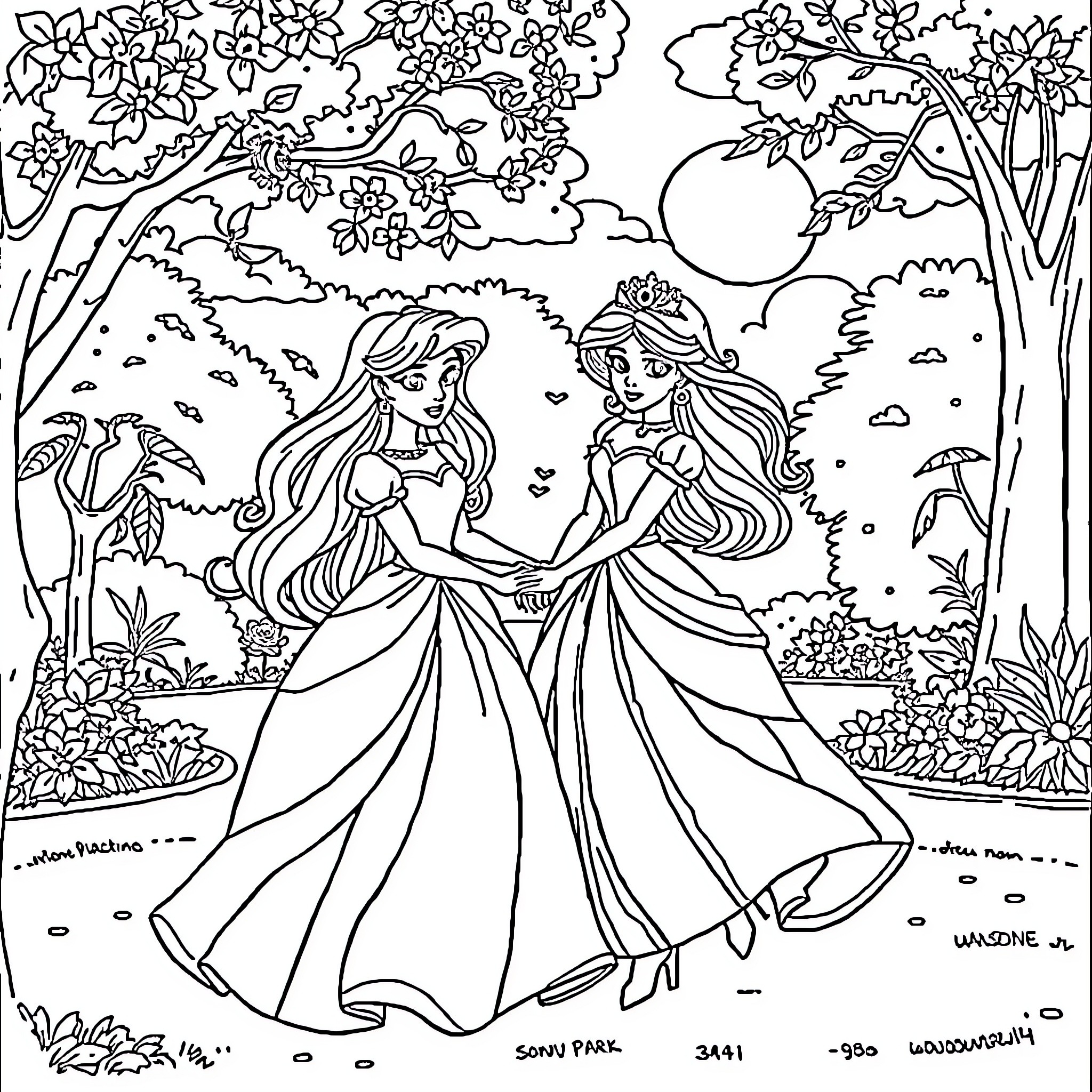Princess Enjoying Outdoor Scenery with Friend Coloring Page (free black-and-white line drawing printable PDF for all, from beginners to advanced learners, including children, teens, adults, and seniors)
