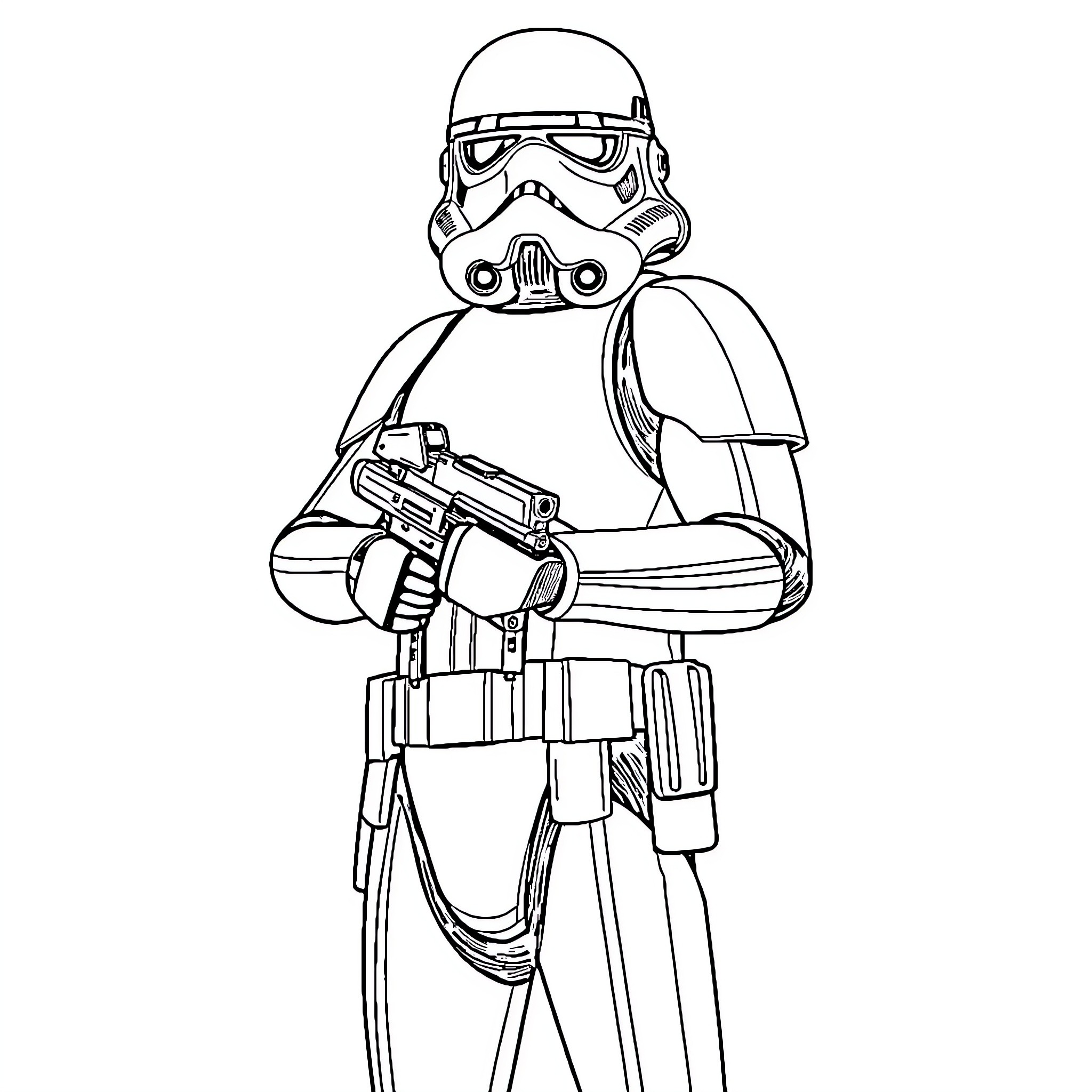 Stormtrooper in battle stance with weapon Coloring Page (free black-and-white line drawing printable PDF for all, from beginners to advanced learners, including children, teens, adults, and seniors)