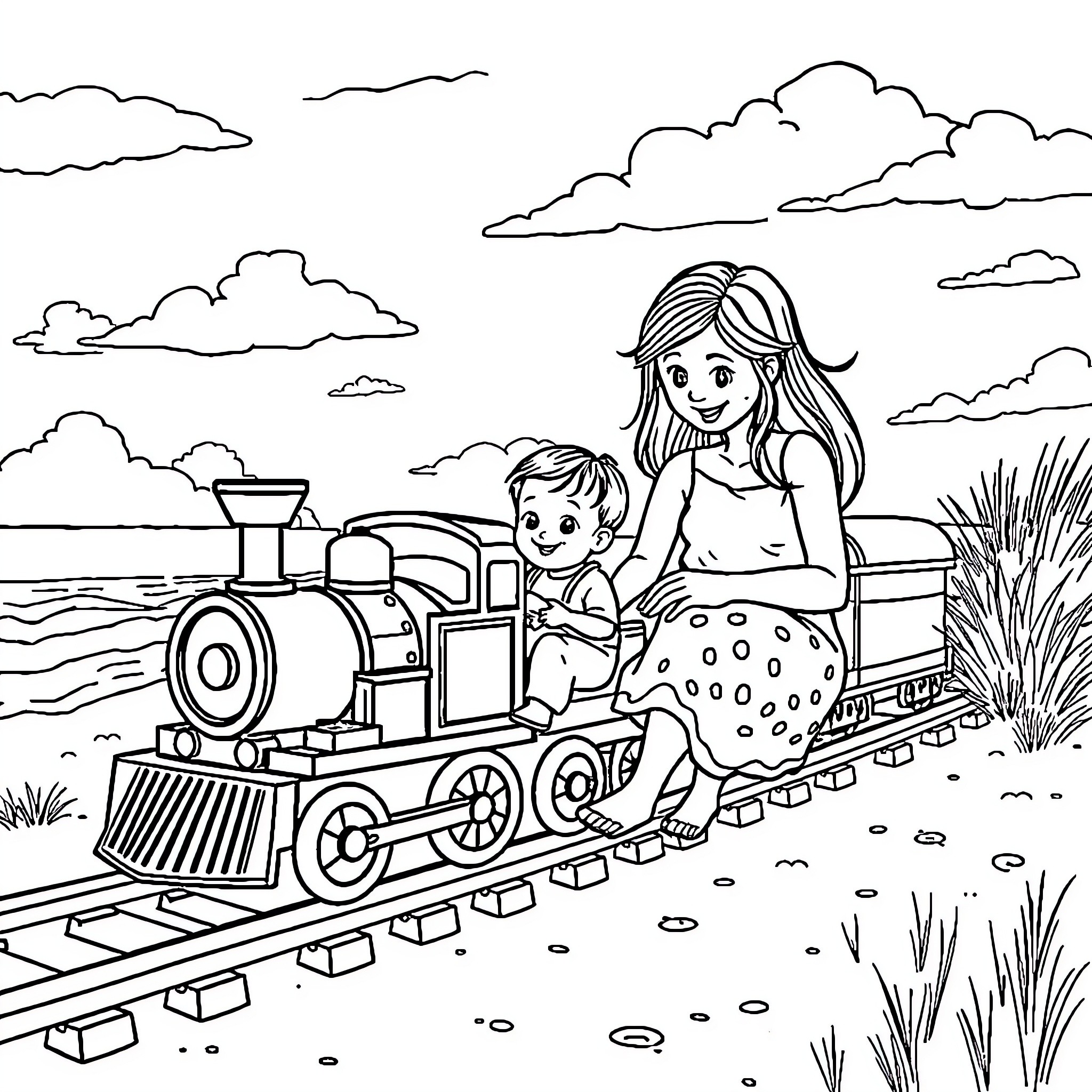 Train ride with a mother and child in the countryside Coloring Page (free black-and-white line drawing printable PDF for all, from beginners to advanced learners, including children, teens, adults, and seniors)