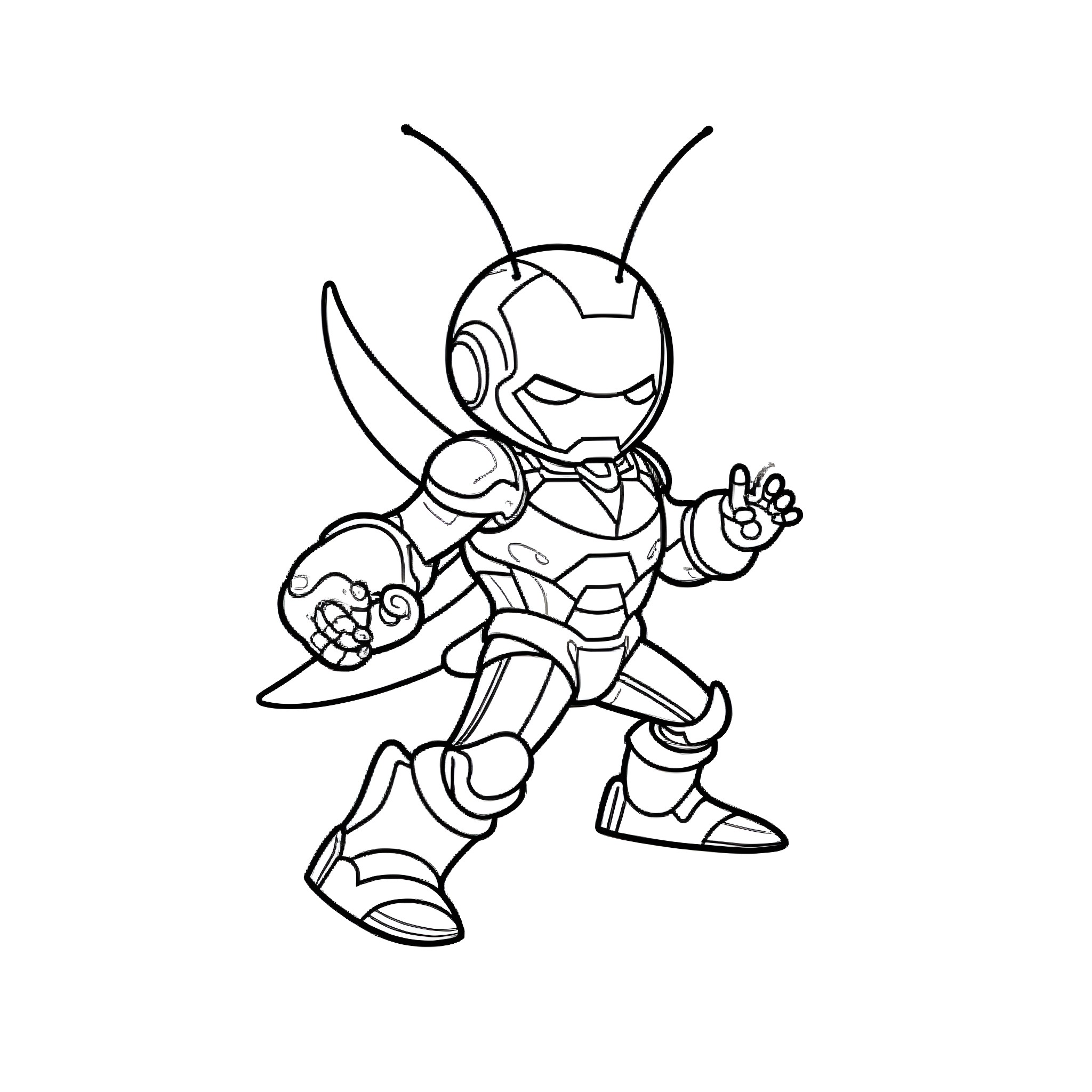 Cockroach-like robot striking a heroic pose Coloring Page (free black-and-white line drawing printable PDF for all, from beginners to advanced learners, including children, teens, adults, and seniors)