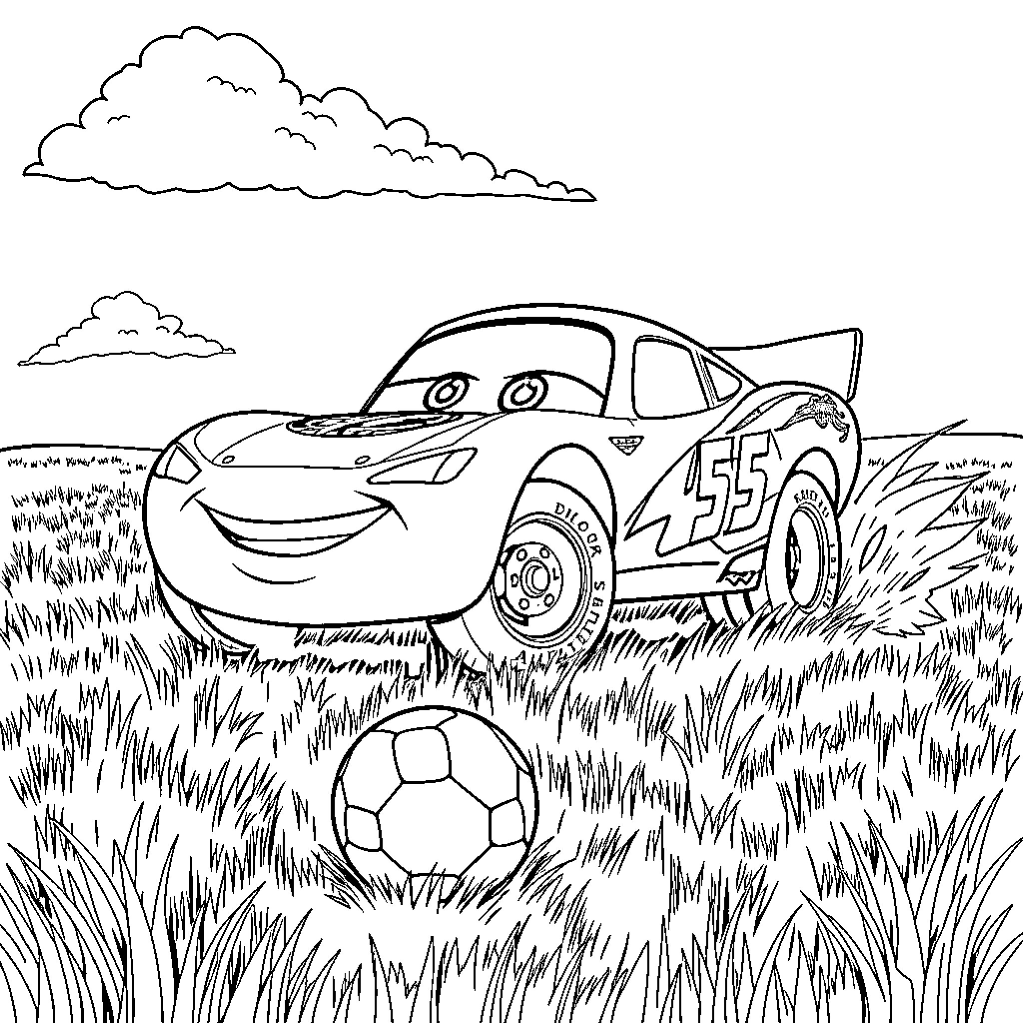 Lightning McQueen playing with a soccer ball in a grassy field Coloring Page (free black-and-white line drawing printable PDF for all, from beginners to advanced learners, including children, teens, adults, and seniors)