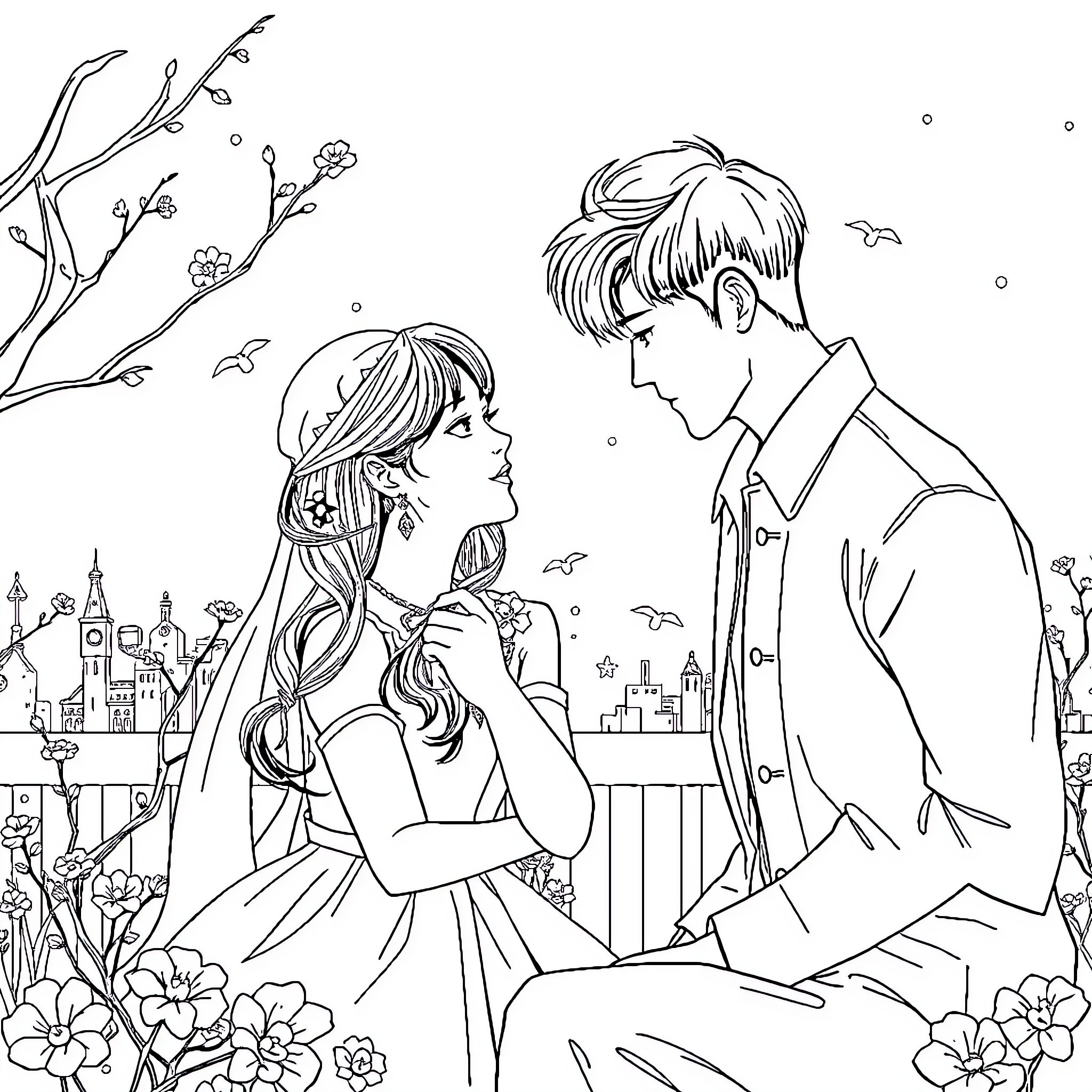 K Drama Romantic Couple in Floral Garden Coloring Page (free black-and-white line drawing printable PDF for all, from beginners to advanced learners, including children, teens, adults, and seniors)