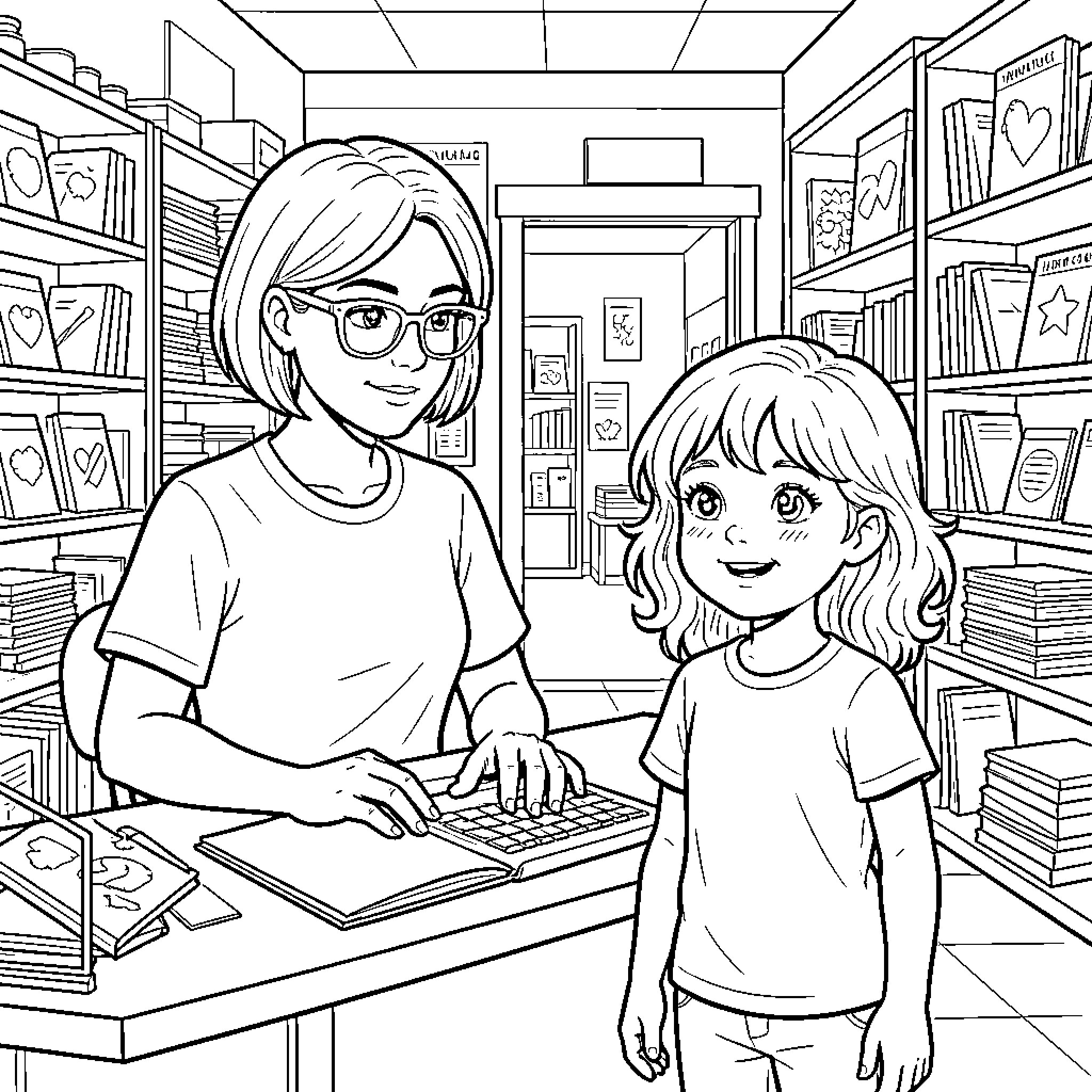 Mama and Daughter in the Cozy Bookstore Coloring Page (free black-and-white line drawing printable PDF for all, from beginners to advanced learners, including children, teens, adults, and seniors)