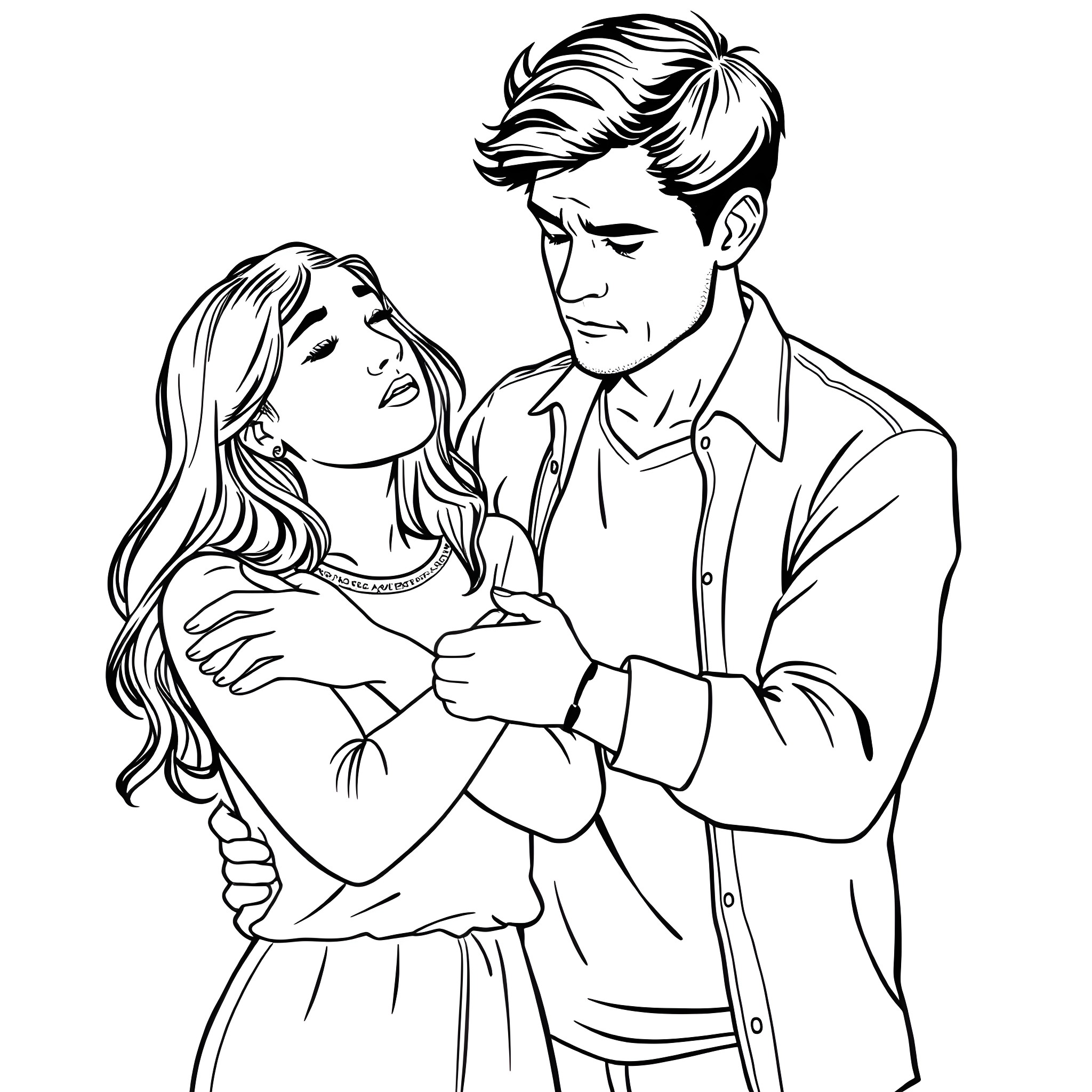 Couple sharing a tender moment Coloring Page (free black-and-white line drawing printable PDF for all, from beginners to advanced learners, including children, teens, adults, and seniors)