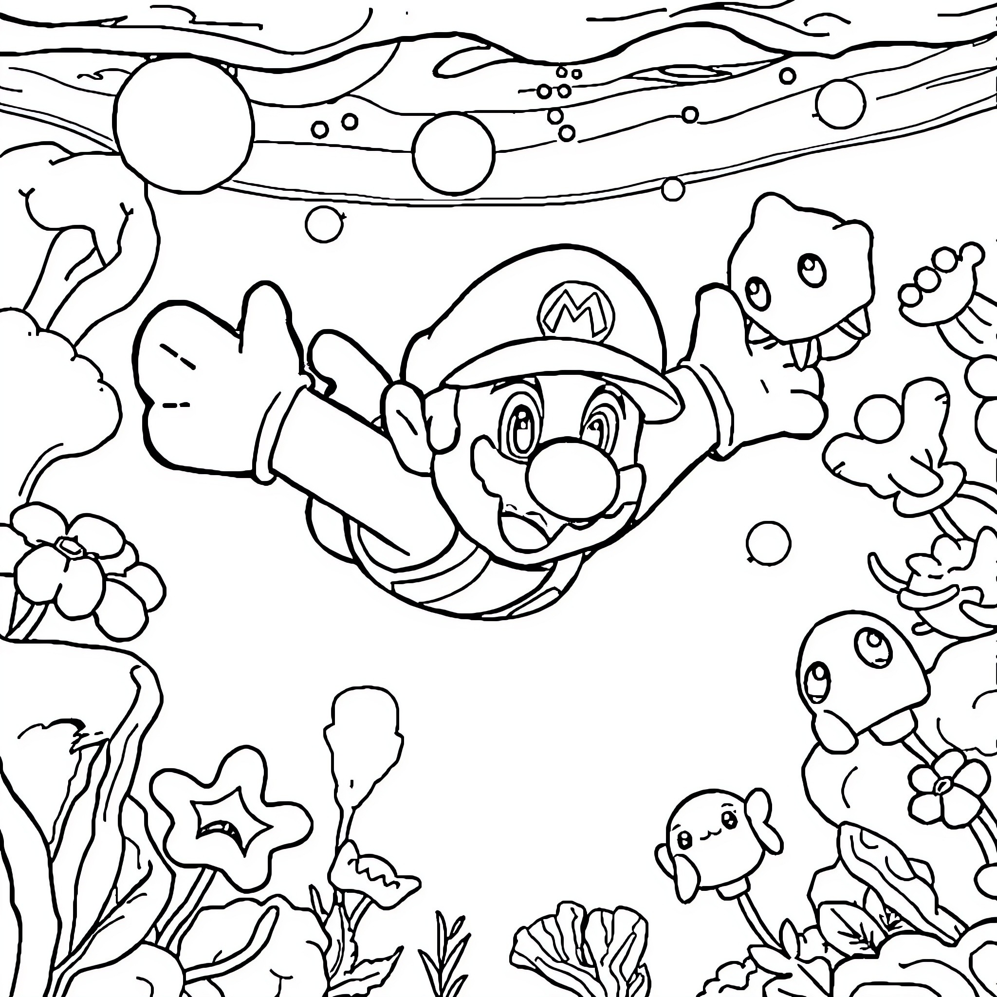 Super Mario Adventures in the Mushroom Kingdom Coloring Page (free black-and-white line drawing printable PDF for all, from beginners to advanced learners, including children, teens, adults, and seniors)