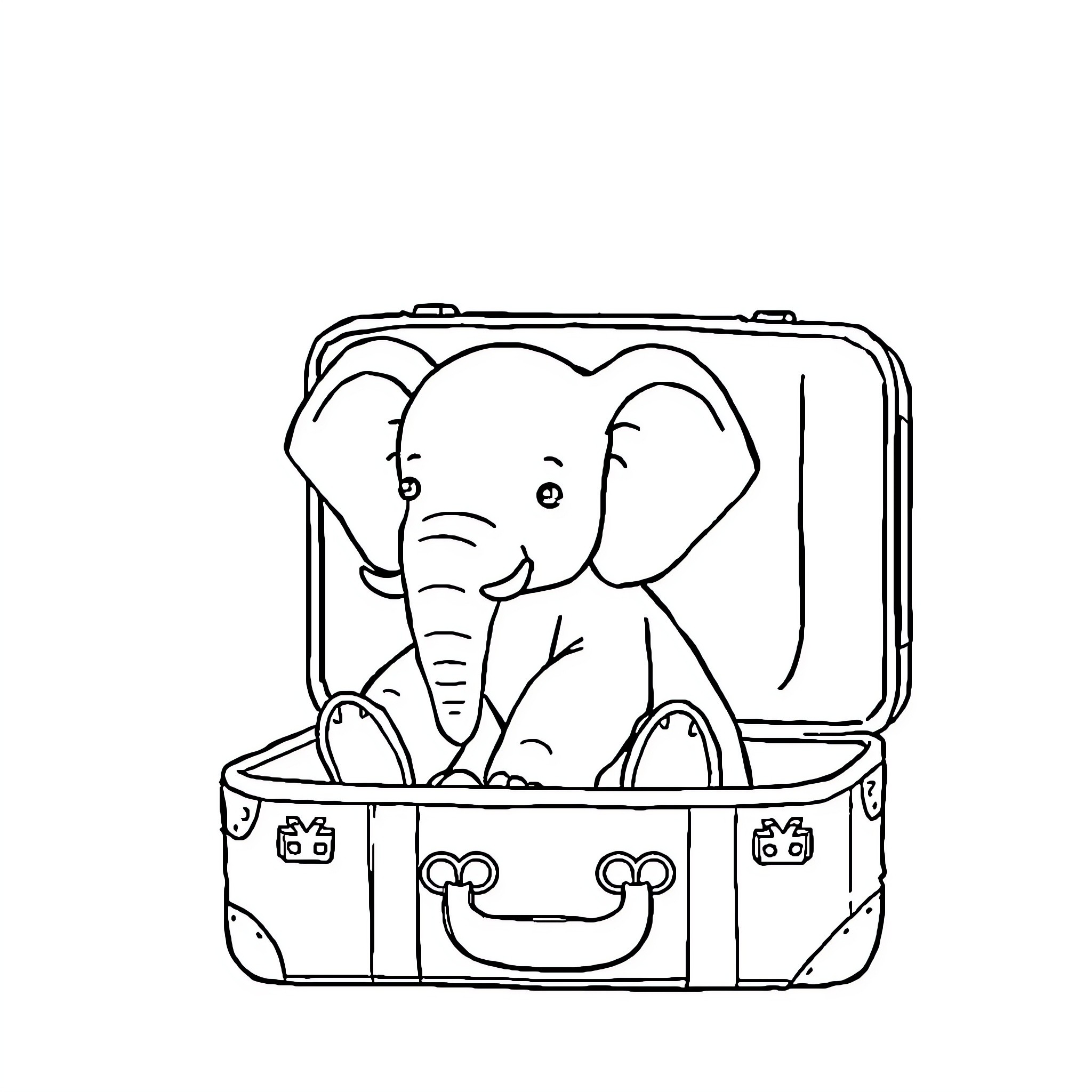 Elephant sitting in a suitcase Coloring Page (free black-and-white line drawing printable PDF for all, from beginners to advanced learners, including children, teens, adults, and seniors)