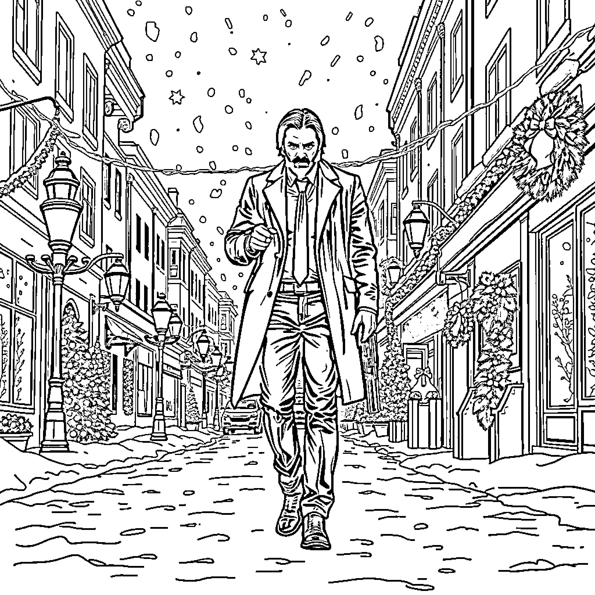 John Wick Walking Through Snowy City Street Coloring Page (free black-and-white line drawing printable PDF for all, from beginners to advanced learners, including children, teens, adults, and seniors)