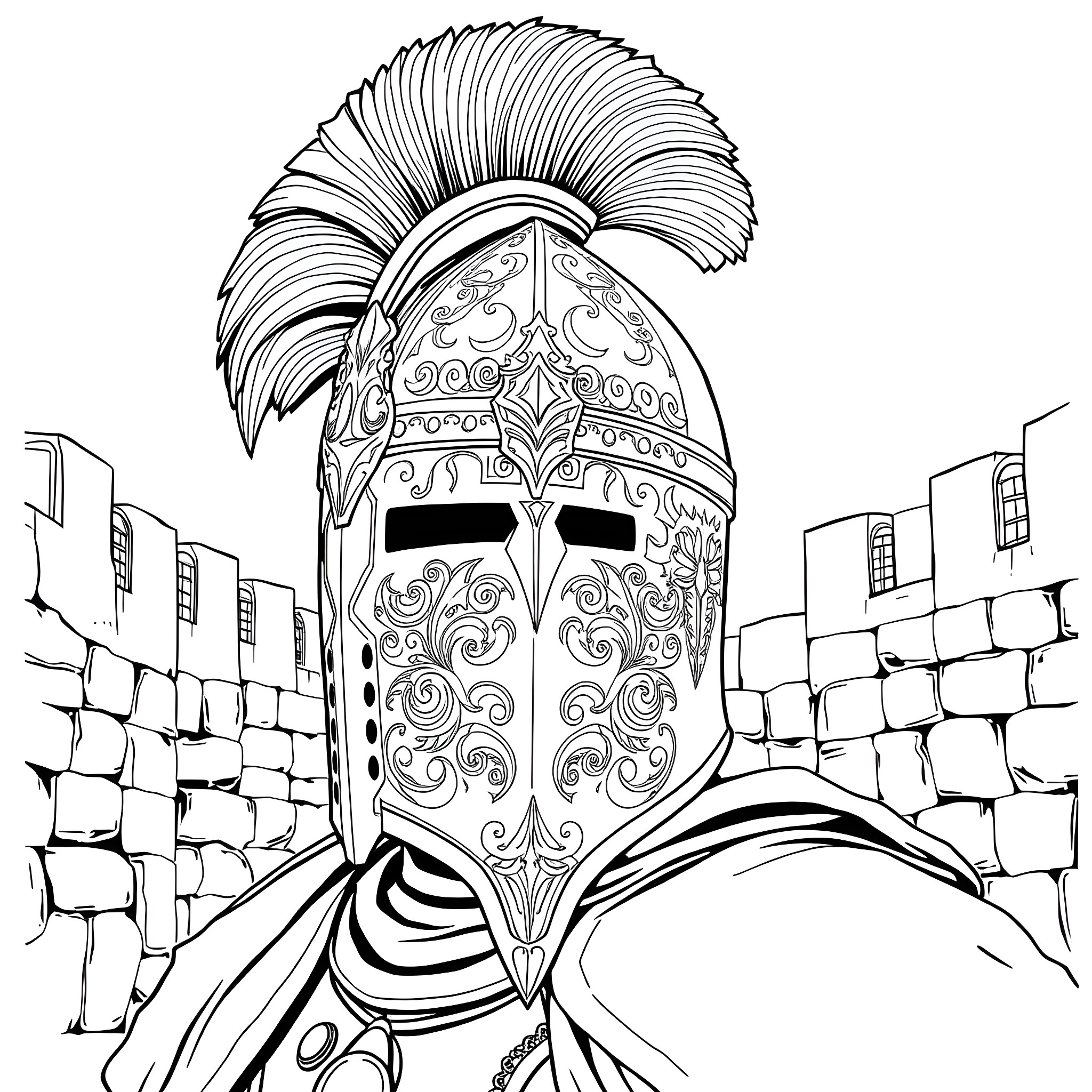 Knight in ornate armor standing before a castle Coloring Page (free black-and-white line drawing printable PDF for all, from beginners to advanced learners, including children, teens, adults, and seniors)