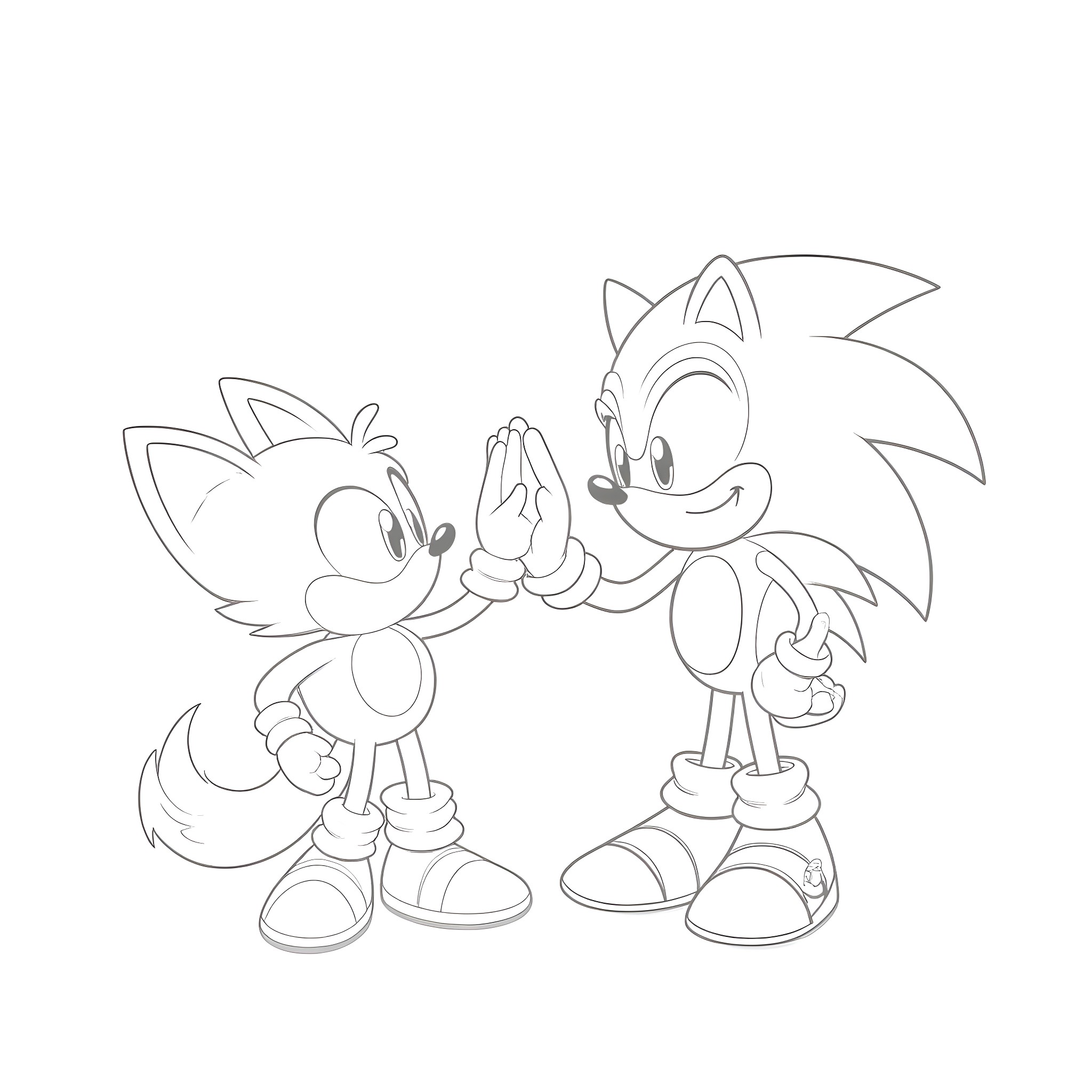 Sonic's Friendly Gesture with Tails Coloring Page (free black-and-white line drawing printable PDF for all, from beginners to advanced learners, including children, teens, adults, and seniors)