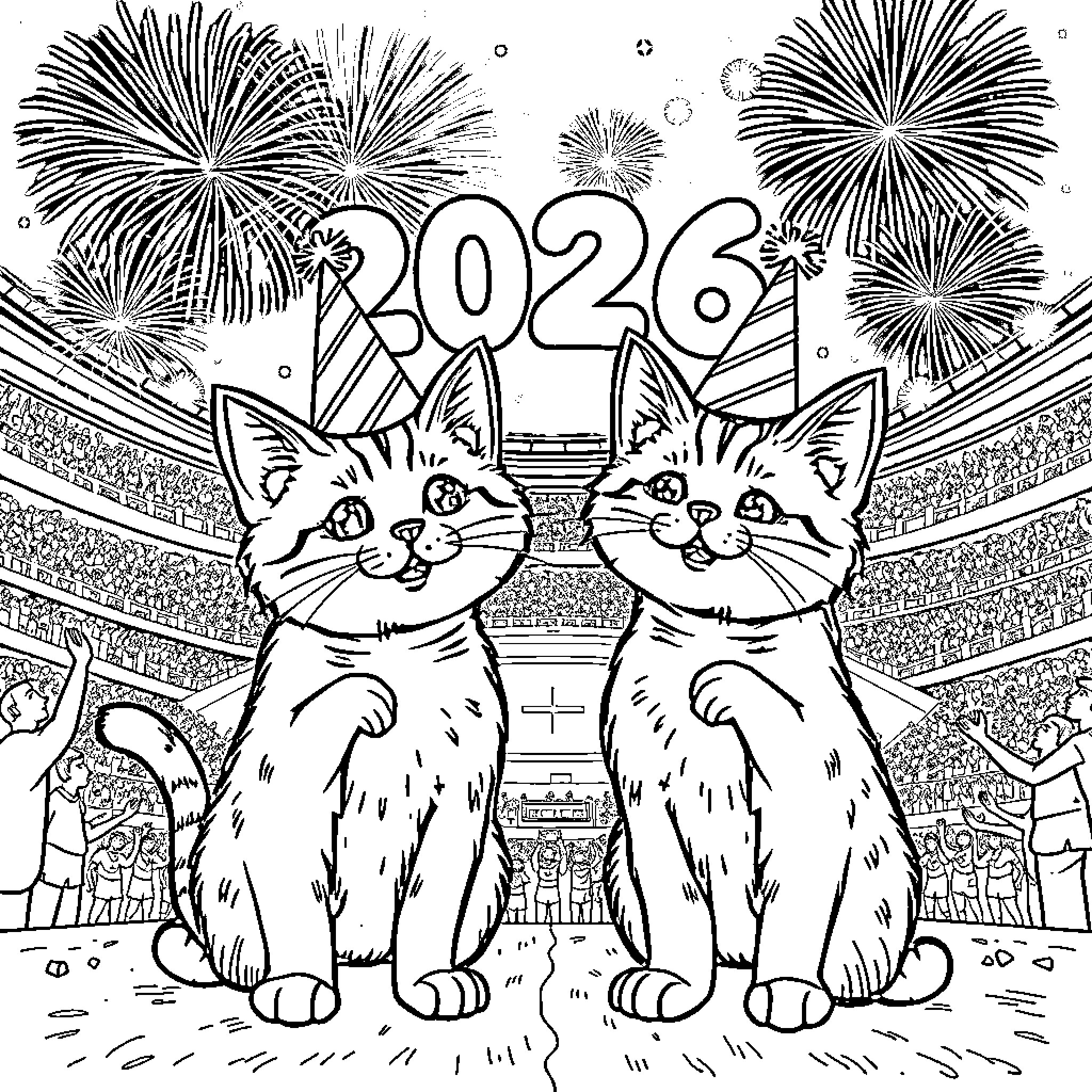 Cats Celebrating New Year's 2026 with Fireworks Coloring Page (free black-and-white line drawing printable PDF for all, from beginners to advanced learners, including children, teens, adults, and seniors)