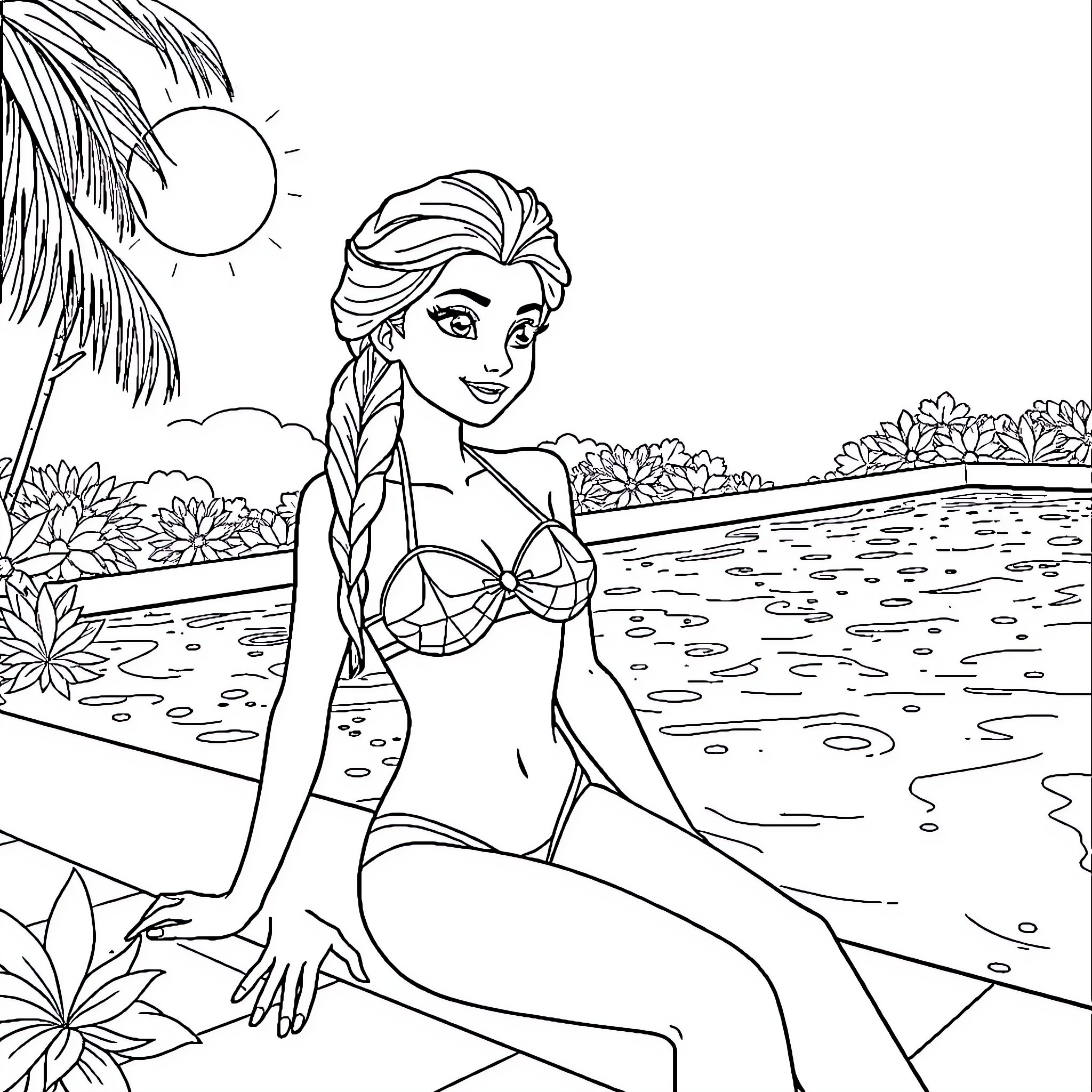 Elsa enjoying a sunny beach vacation Coloring Page (free black-and-white line drawing printable PDF for all, from beginners to advanced learners, including children, teens, adults, and seniors)