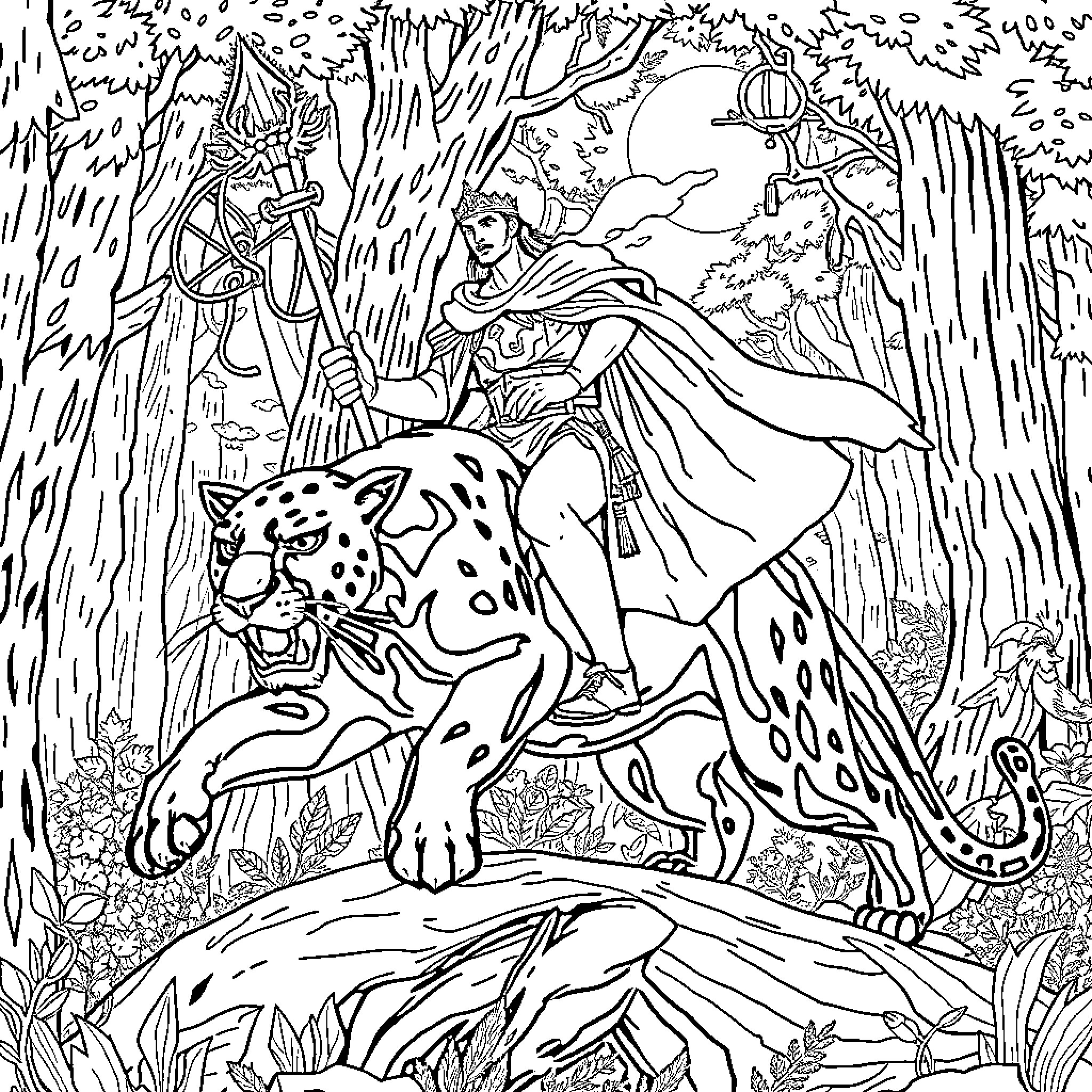 King Arthur riding a majestic leopard in a mystical forest Coloring Page (free black-and-white line drawing printable PDF for all, from beginners to advanced learners, including children, teens, adults, and seniors)