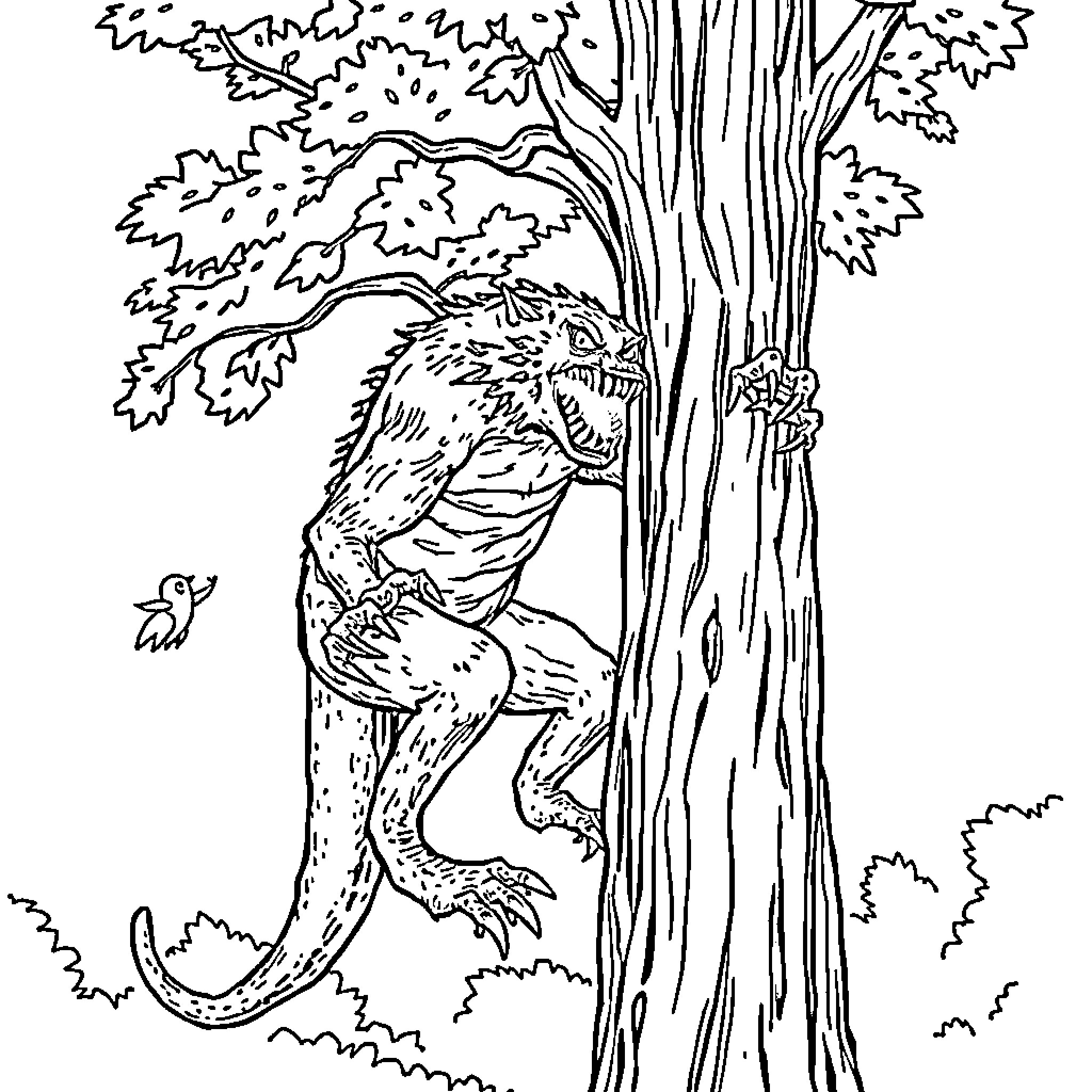 Monster lurking menacingly in forest Coloring Page (free black-and-white line drawing printable PDF for all, from beginners to advanced learners, including children, teens, adults, and seniors)