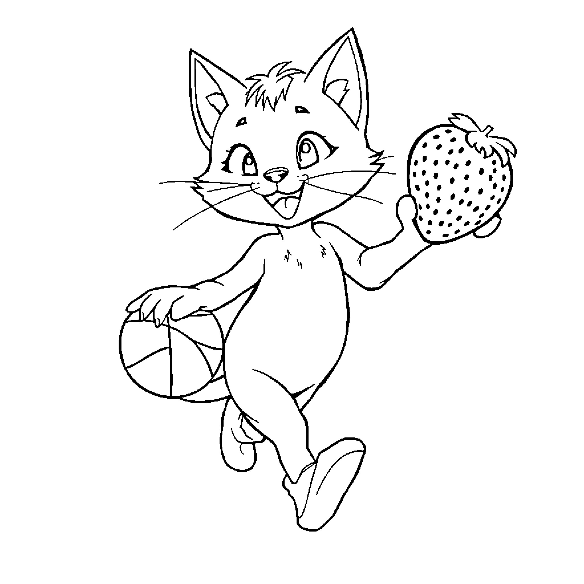 Cat with ball and strawberry Coloring Page (free black-and-white line drawing printable PDF for all, from beginners to advanced learners, including children, teens, adults, and seniors)