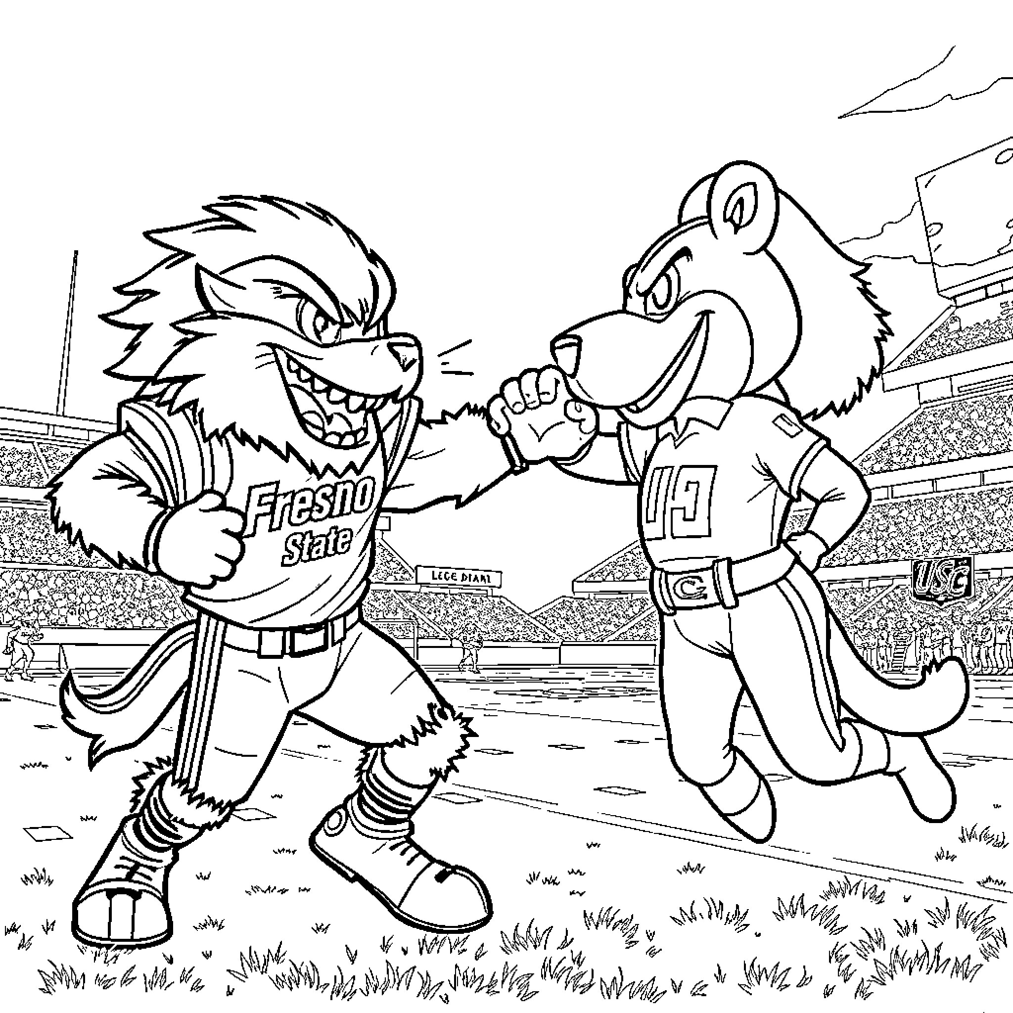 Mascot characters engaging in sports competition Coloring Page (free black-and-white line drawing printable PDF for all, from beginners to advanced learners, including children, teens, adults, and seniors)