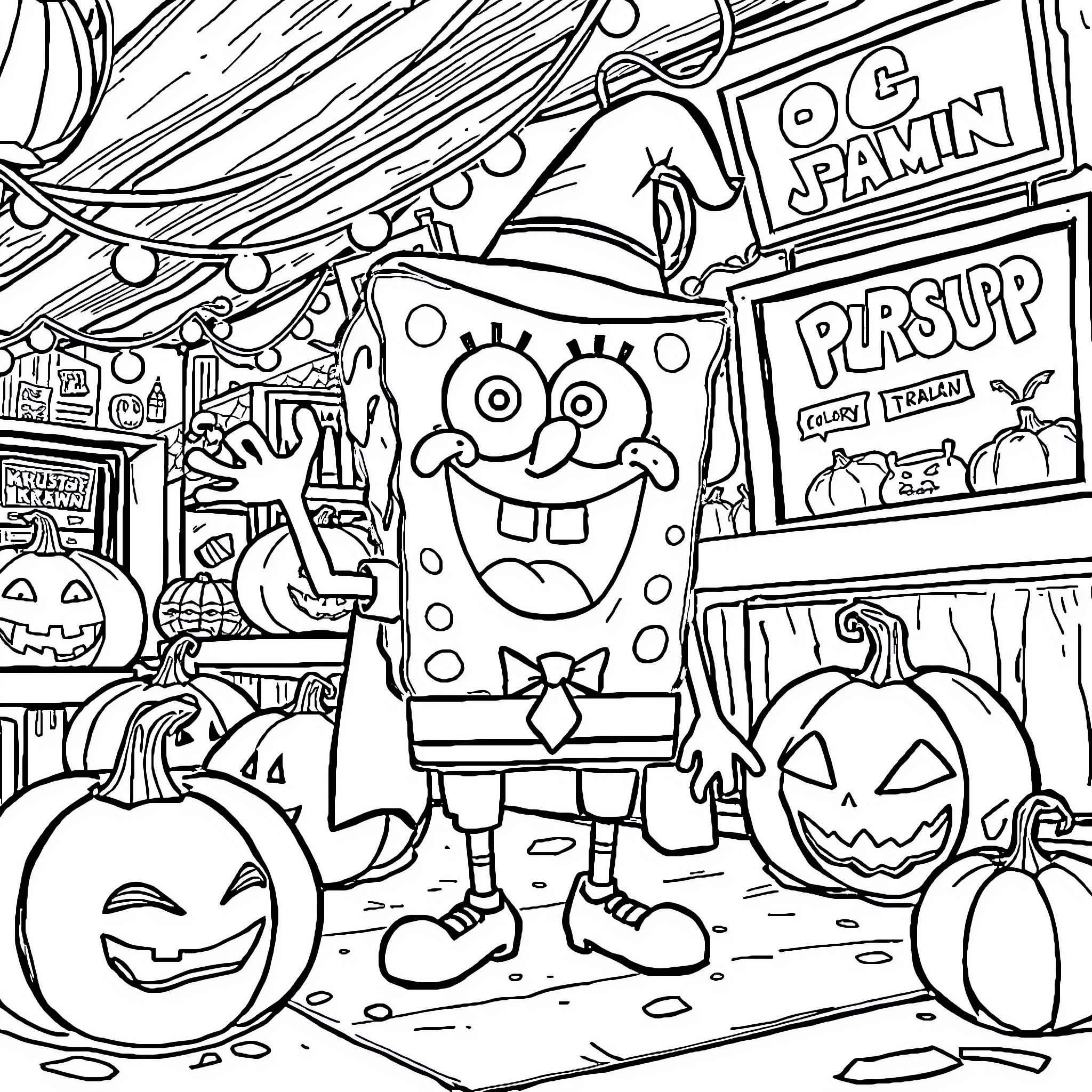 Spongebob celebrating Halloween with friends Coloring Page (free black-and-white line drawing printable PDF for all, from beginners to advanced learners, including children, teens, adults, and seniors)
