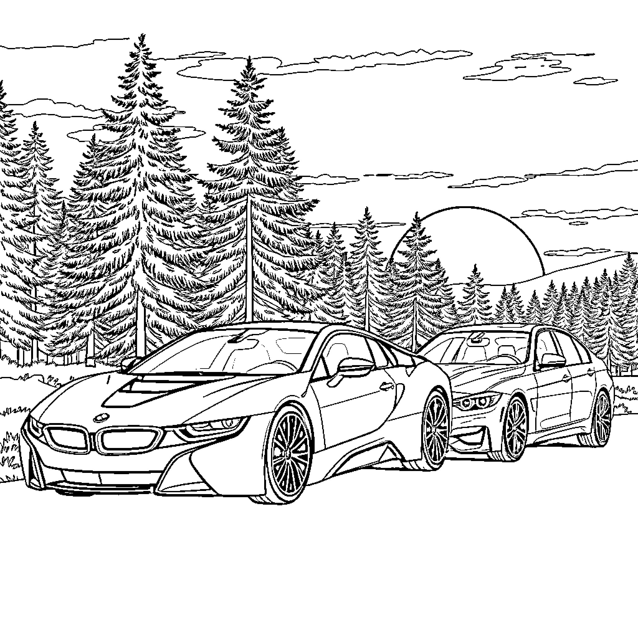 BMW Sports Cars in Winter Wonderland Coloring Page (free black-and-white line drawing printable PDF for all, from beginners to advanced learners, including children, teens, adults, and seniors)