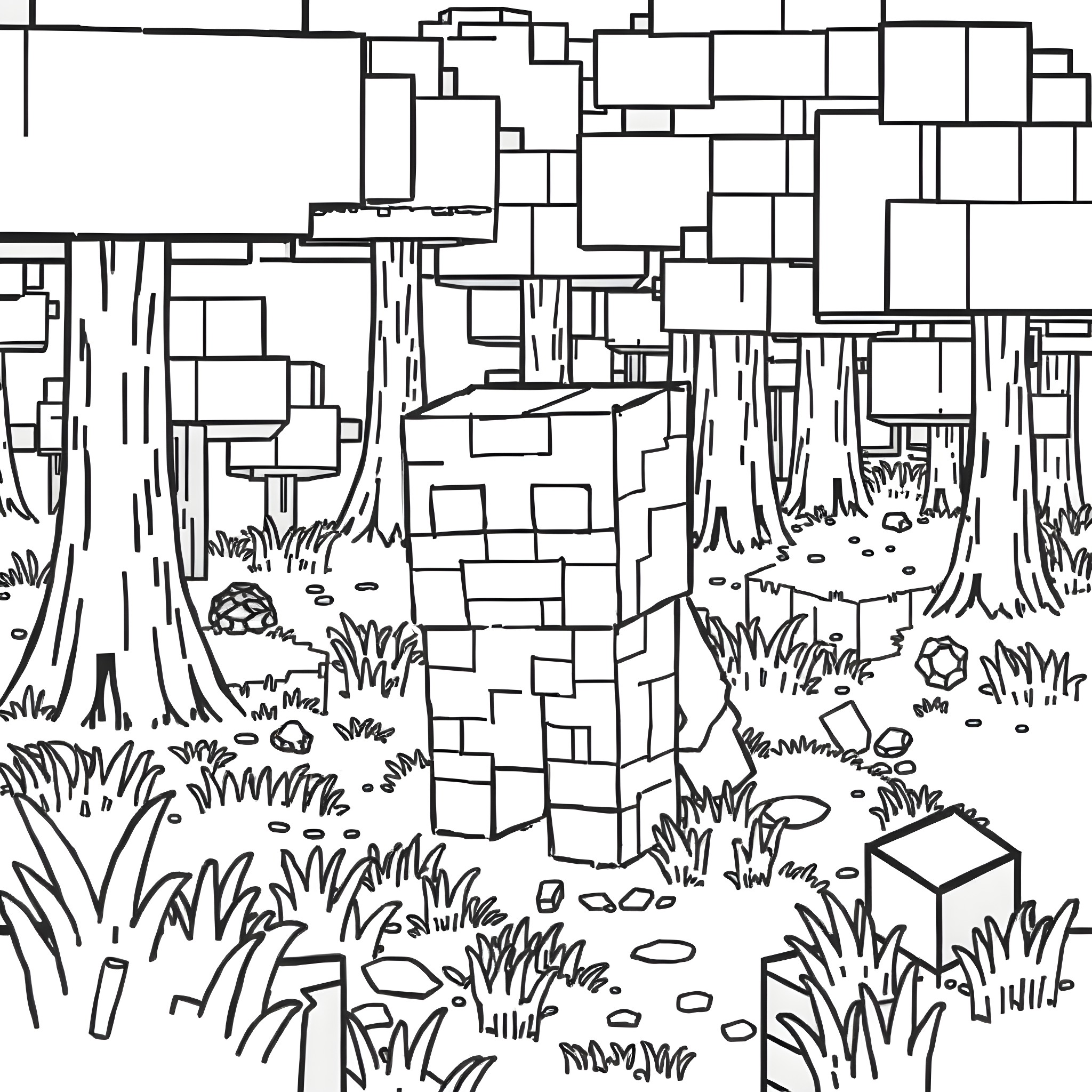 Creeper exploring the forest Coloring Page (free black-and-white line drawing printable PDF for all, from beginners to advanced learners, including children, teens, adults, and seniors)