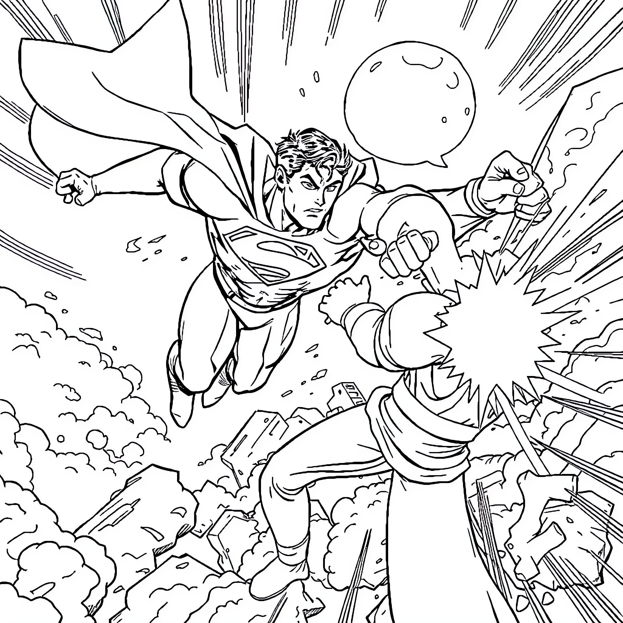 Superman heroically fighting villain in dramatic scene Coloring Page (free black-and-white line drawing printable PDF for all, from beginners to advanced learners, including children, teens, adults, and seniors)
