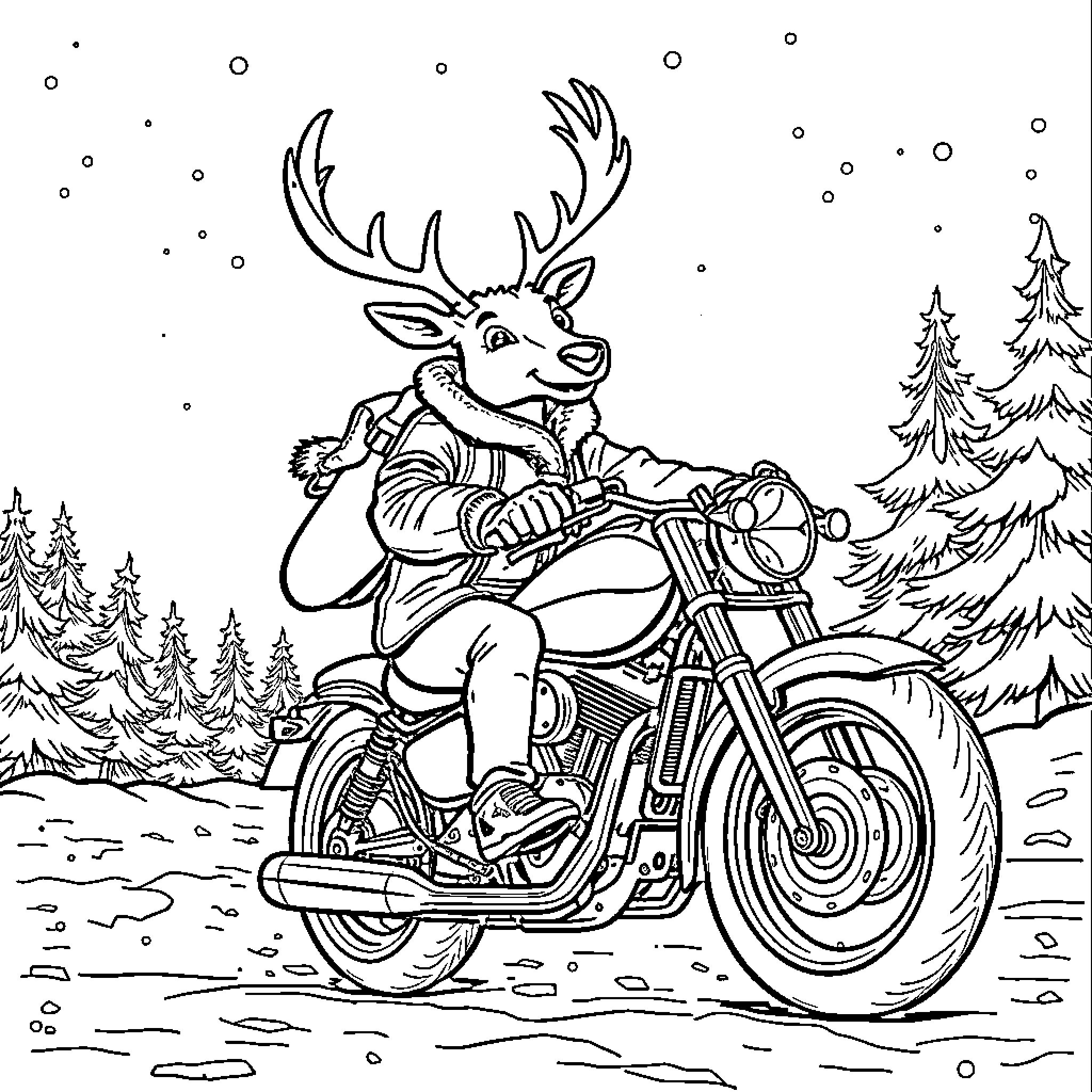 Reindeer riding a motorcycle through the snowy forest Coloring Page (free black-and-white line drawing printable PDF for all, from beginners to advanced learners, including children, teens, adults, and seniors)