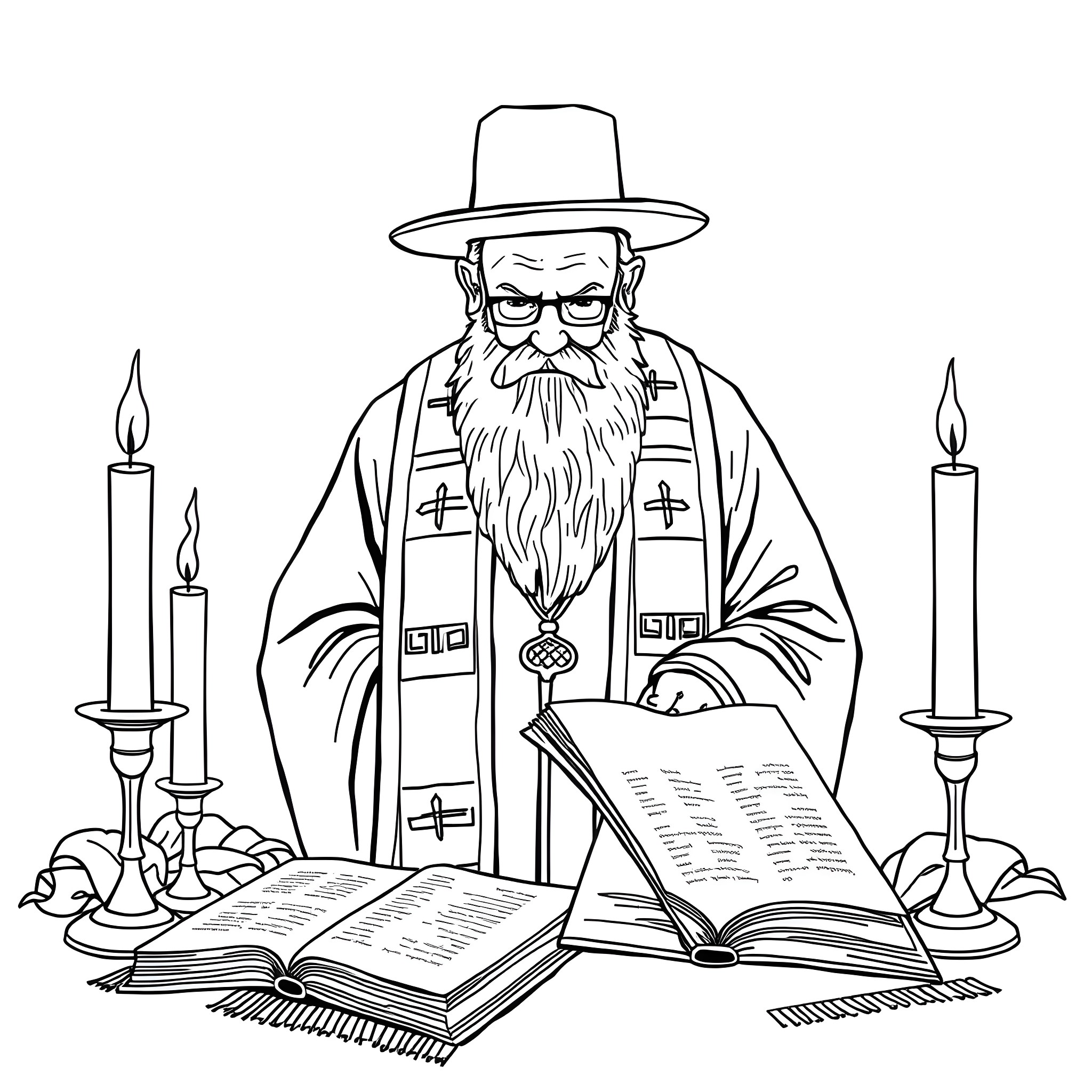 Lubavitcher Rebbe leading religious service with books and candles Coloring Page (free black-and-white line drawing printable PDF for all, from beginners to advanced learners, including children, teens, adults, and seniors)