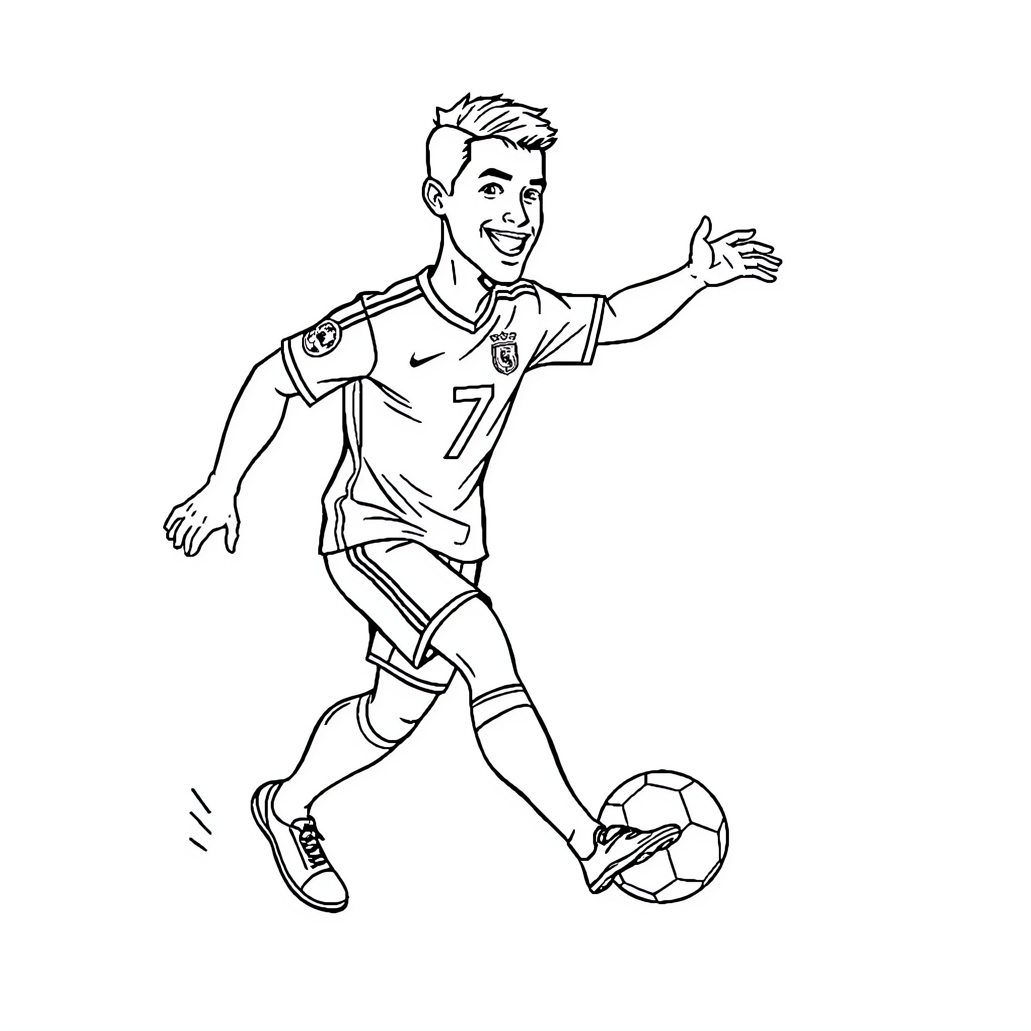 Cristiano Ronaldo playing soccer with enthusiasm Coloring Page (free black-and-white line drawing printable PDF for all, from beginners to advanced learners, including children, teens, adults, and seniors)