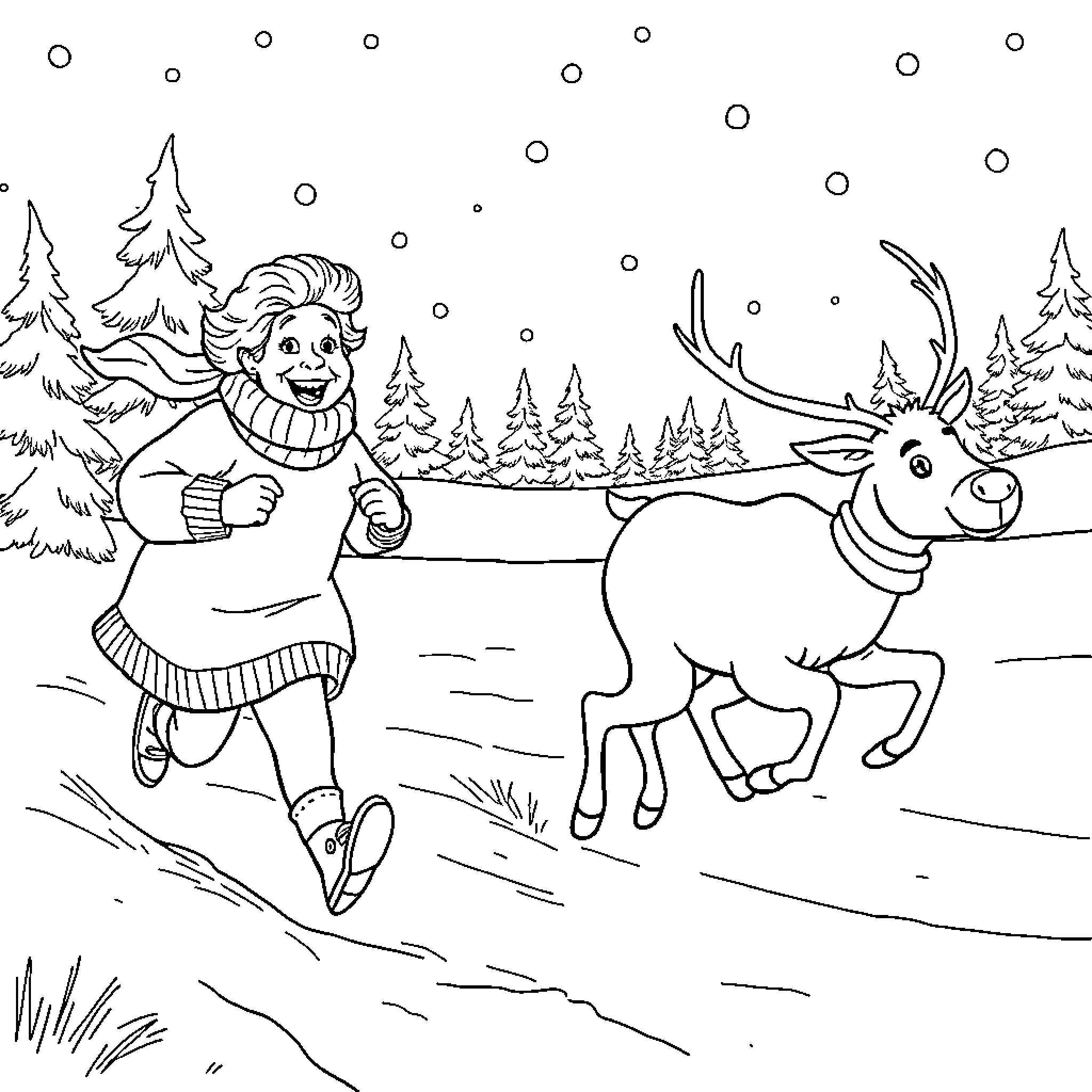 Grandma frolicking with a reindeer in the winter wonderland Coloring Page (free black-and-white line drawing printable PDF for all, from beginners to advanced learners, including children, teens, adults, and seniors)