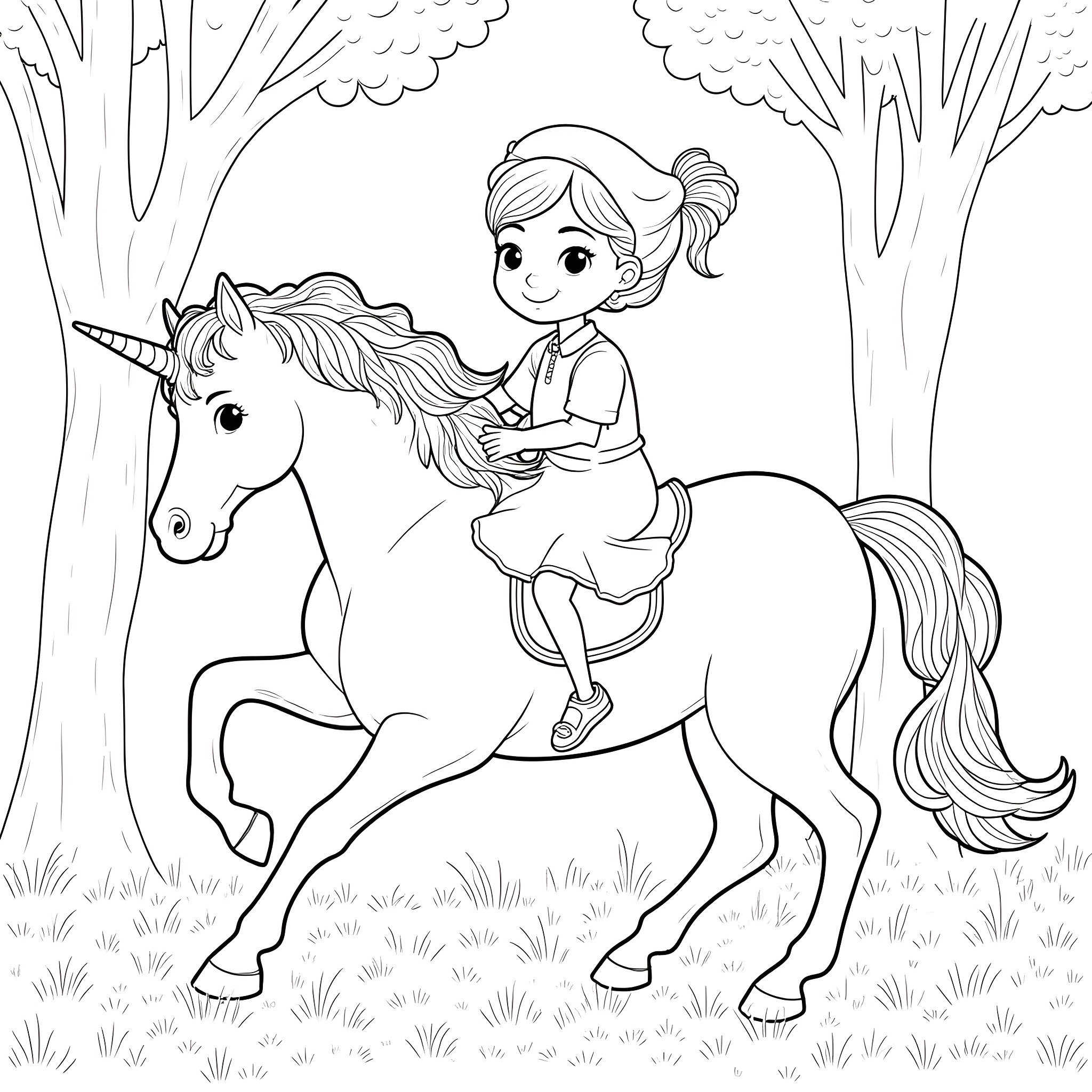 Therapist riding a unicorn in the enchanted forest Coloring Page (free black-and-white line drawing printable PDF for all, from beginners to advanced learners, including children, teens, adults, and seniors)