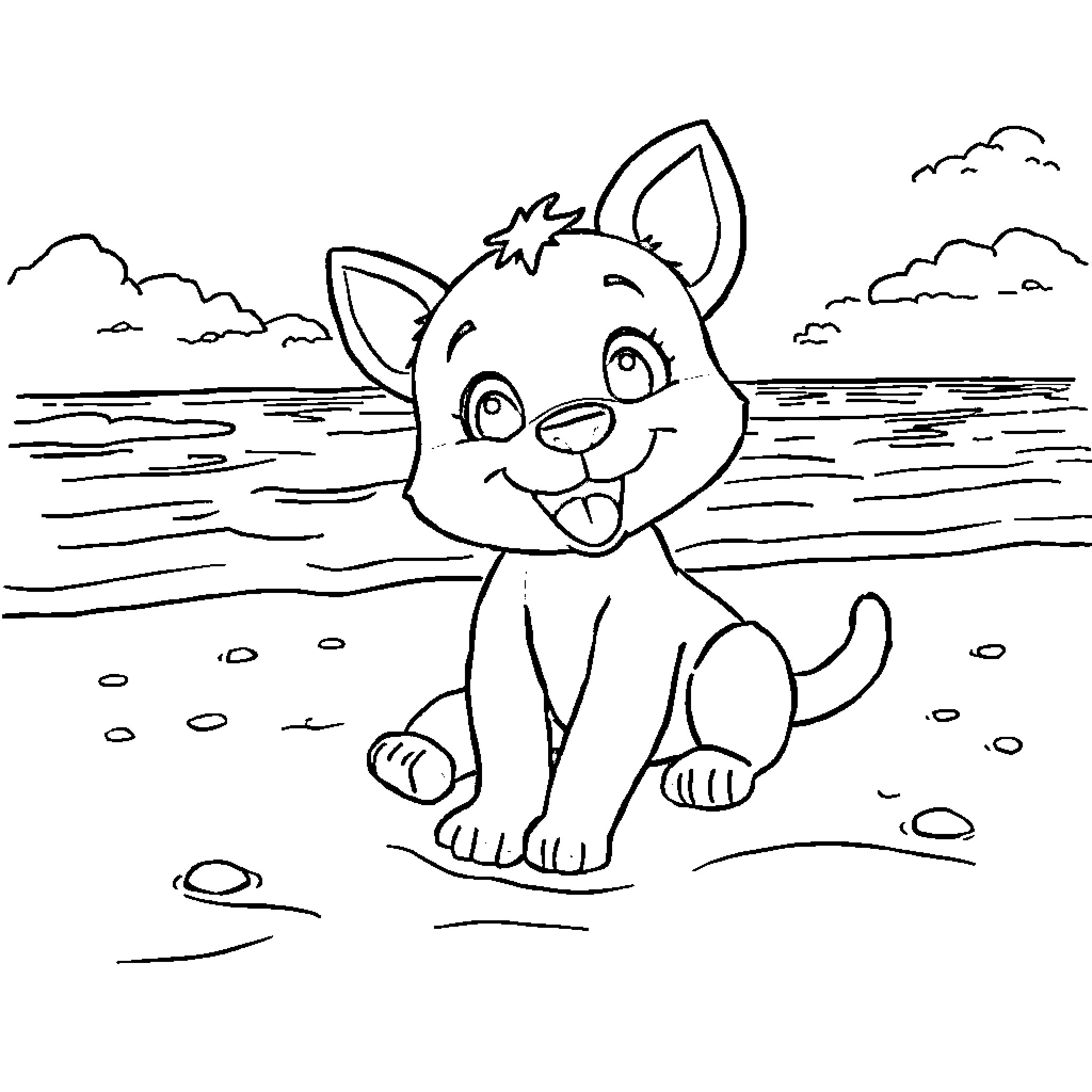 Bluey playing happily by the beach Coloring Page (free black-and-white line drawing printable PDF for all, from beginners to advanced learners, including children, teens, adults, and seniors)