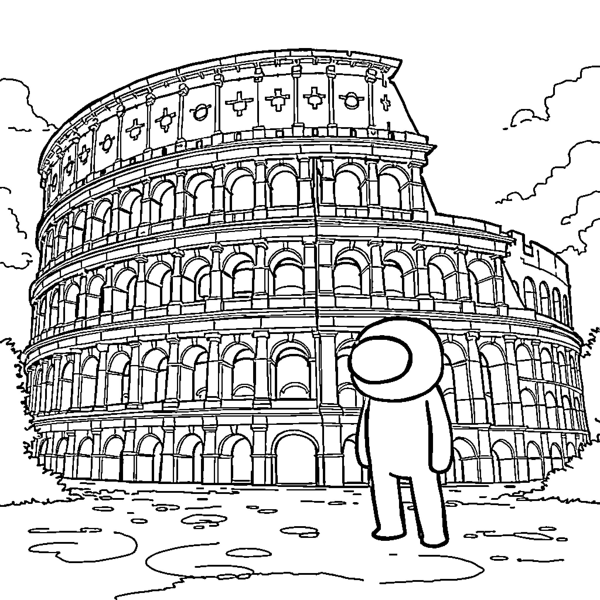 Among Us Character at the Colosseum Coloring Page (free black-and-white line drawing printable PDF for all, from beginners to advanced learners, including children, teens, adults, and seniors)