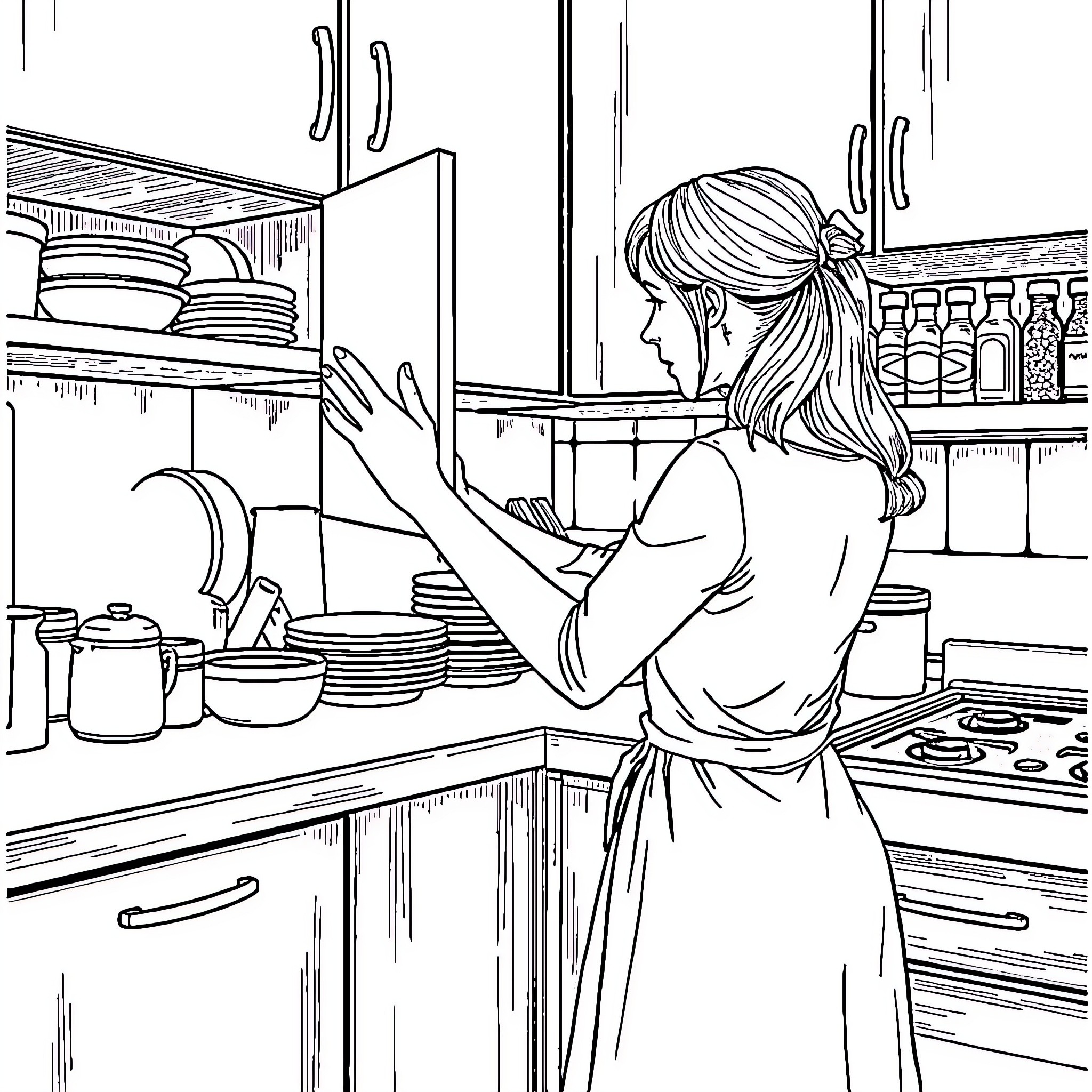 Wife working diligently in the kitchen Coloring Page (free black-and-white line drawing printable PDF for all, from beginners to advanced learners, including children, teens, adults, and seniors)