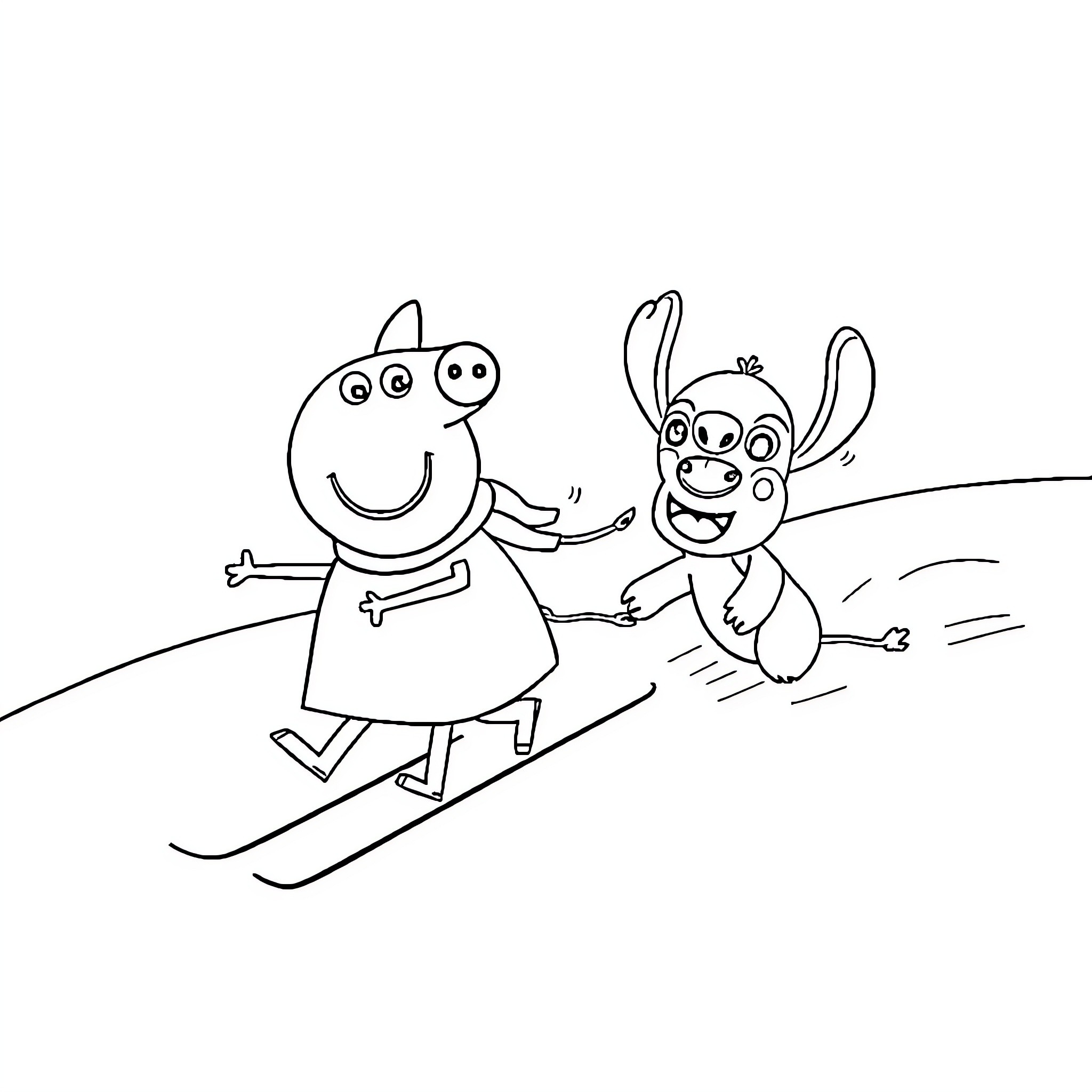 Peppa Pig and Stitch skiing together Coloring Page (free black-and-white line drawing printable PDF for all, from beginners to advanced learners, including children, teens, adults, and seniors)